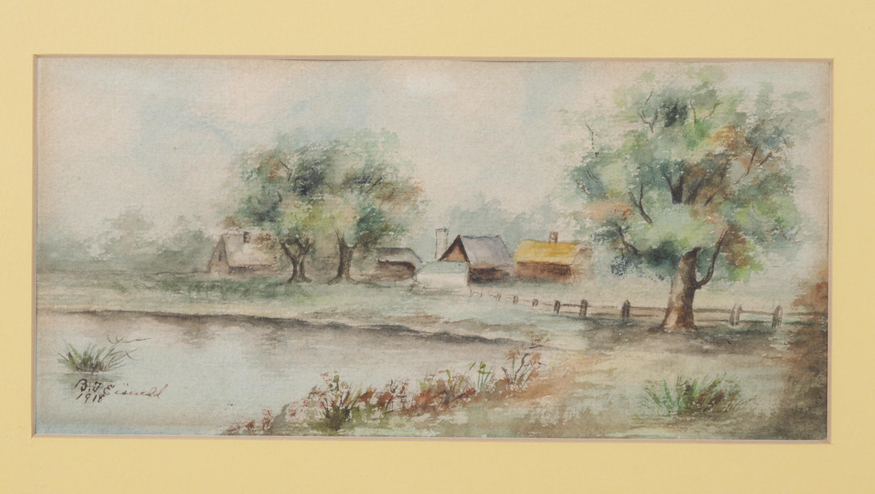 B.J. Eiswald Pastoral Farm Landscape Watercolor Painting, 1918