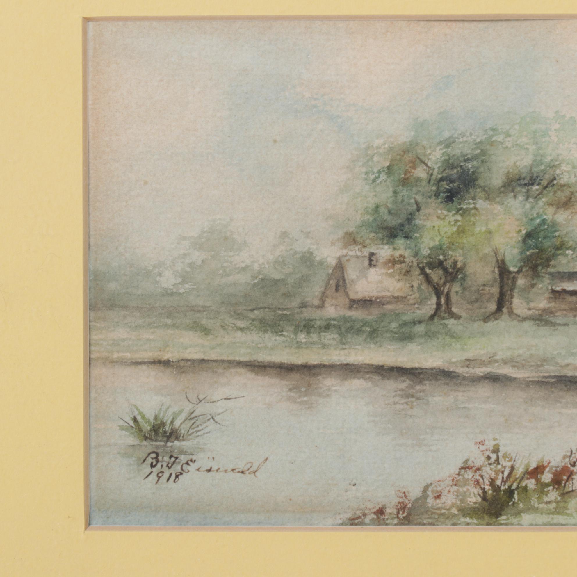 B.J. Eiswald Pastoral Farm Landscape Watercolor Painting, 1918
