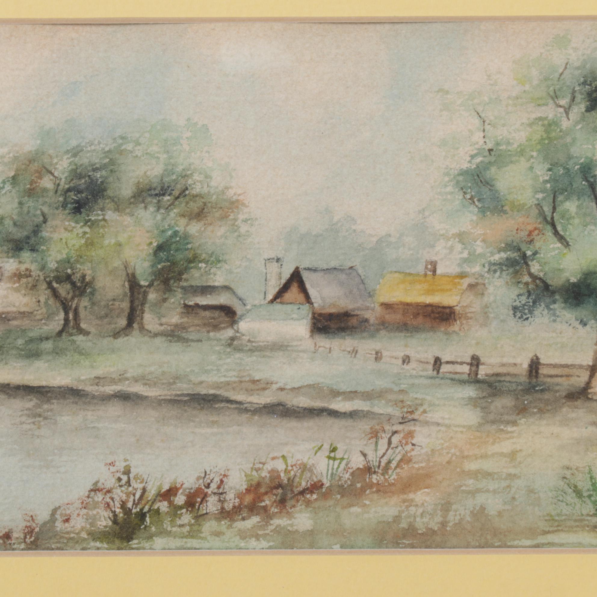 B.J. Eiswald Pastoral Farm Landscape Watercolor Painting, 1918