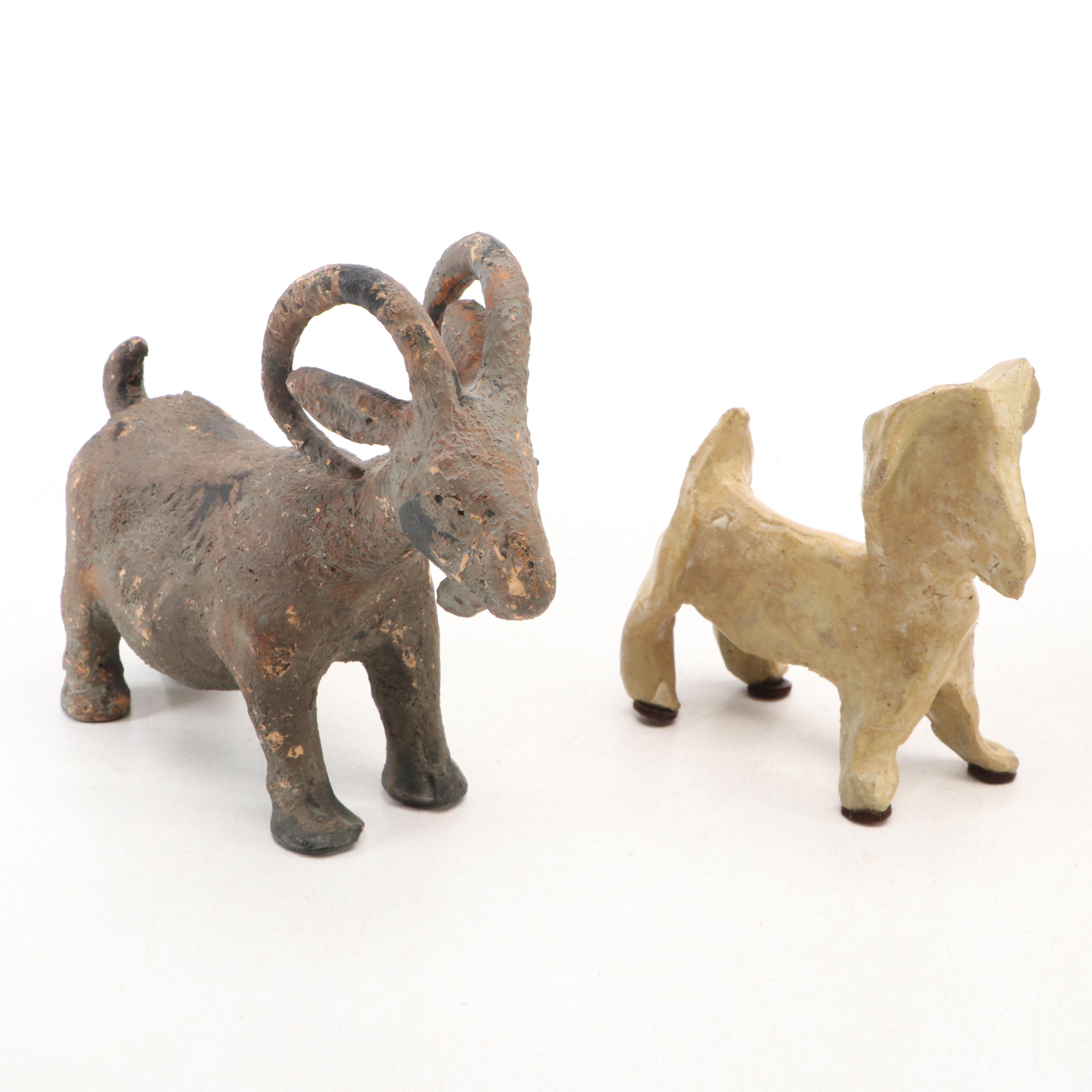 Japanese Metal Goat with Soapstone, Wood and Ceramic Figurines