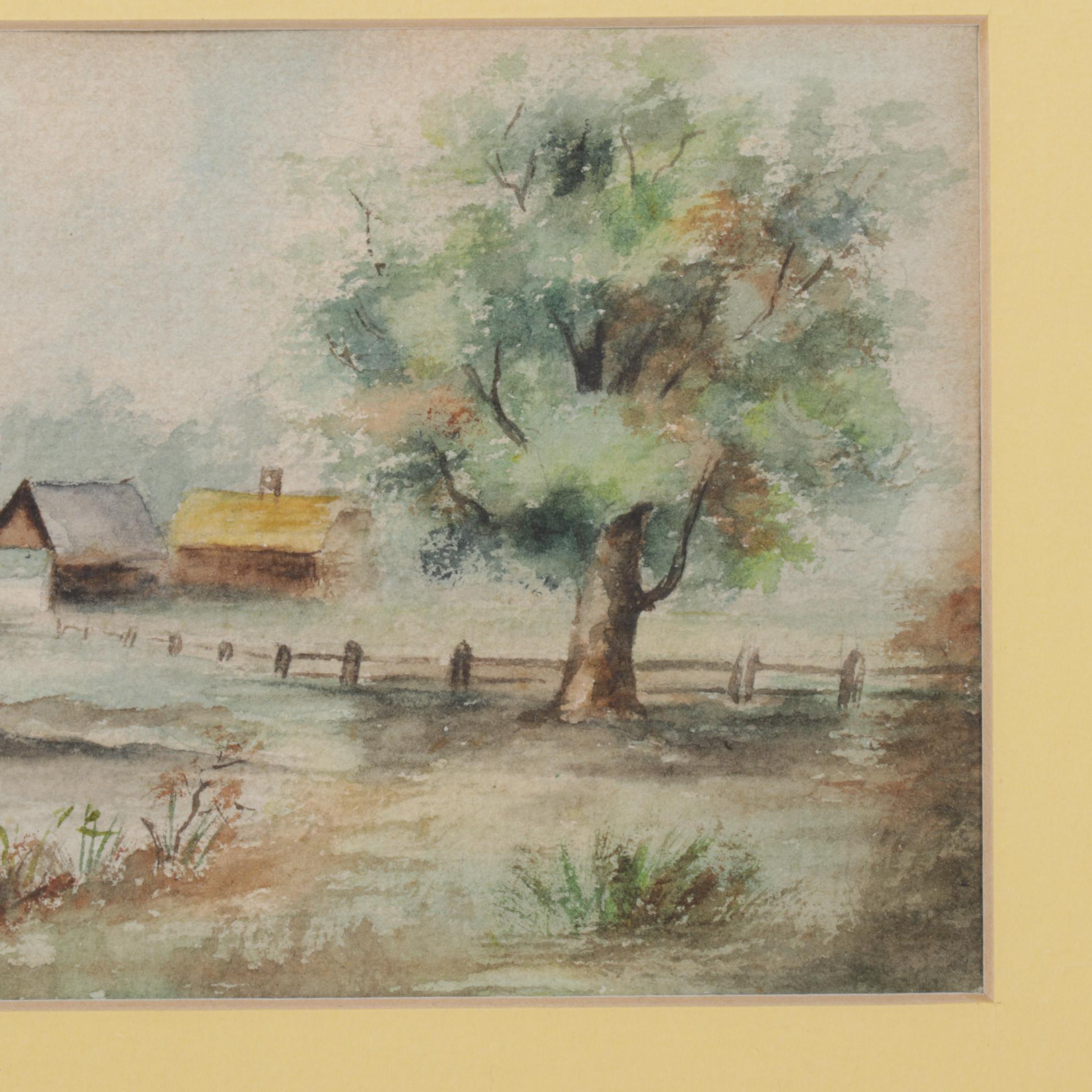 B.J. Eiswald Pastoral Farm Landscape Watercolor Painting, 1918