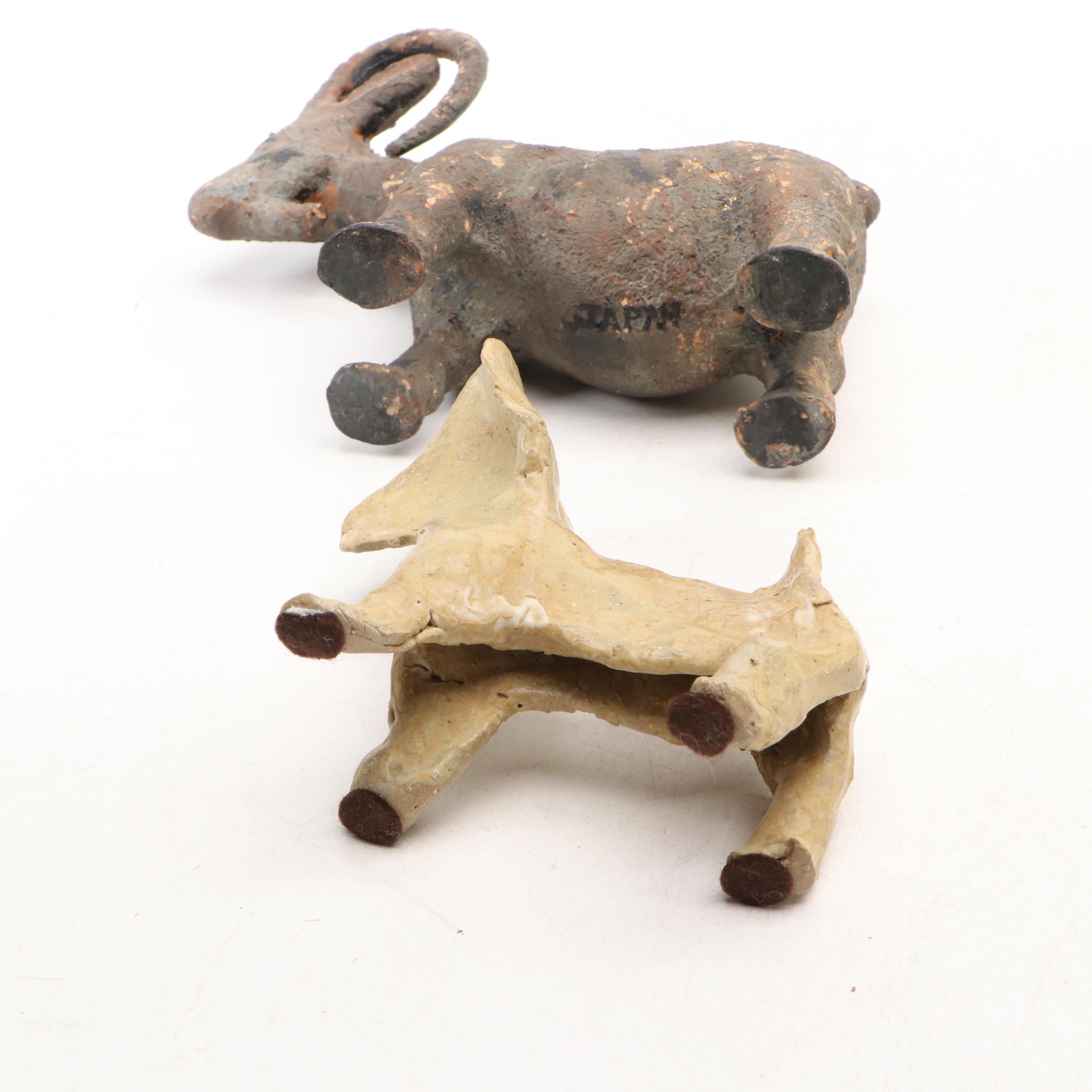 Japanese Metal Goat with Soapstone, Wood and Ceramic Figurines