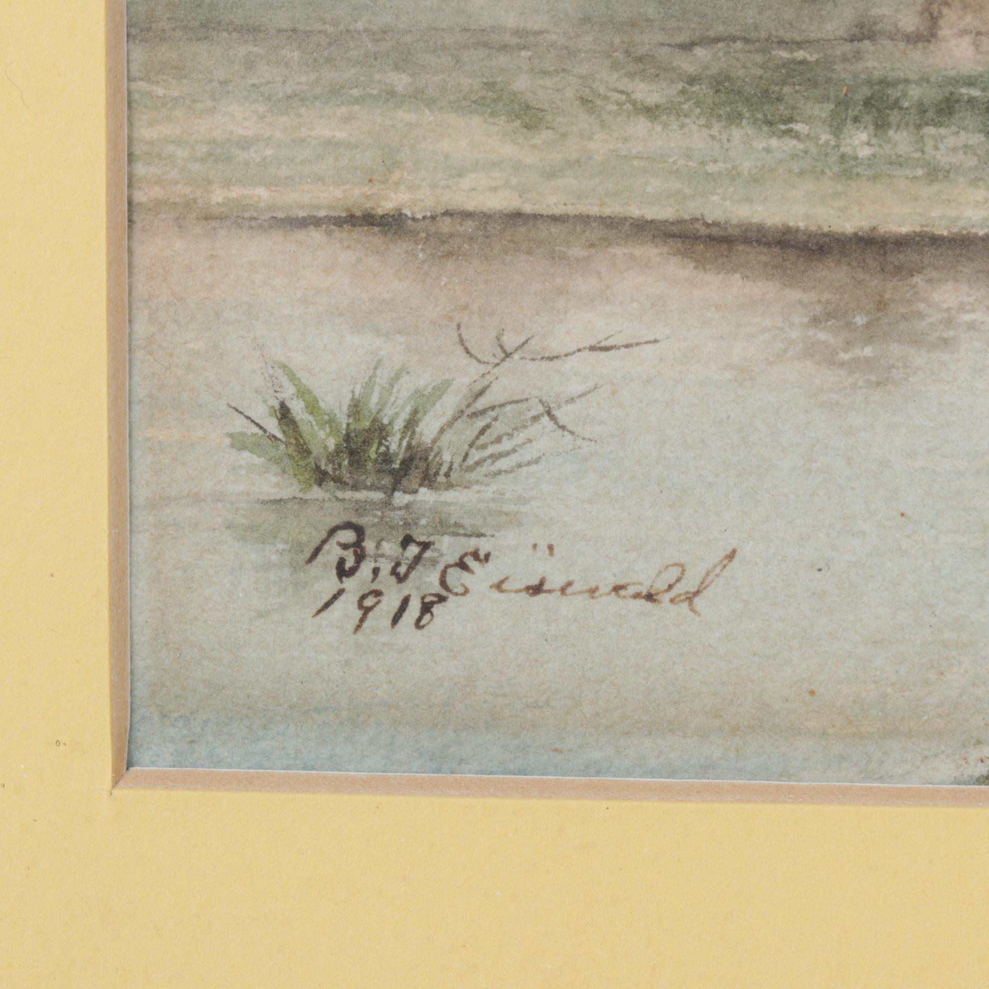 B.J. Eiswald Pastoral Farm Landscape Watercolor Painting, 1918