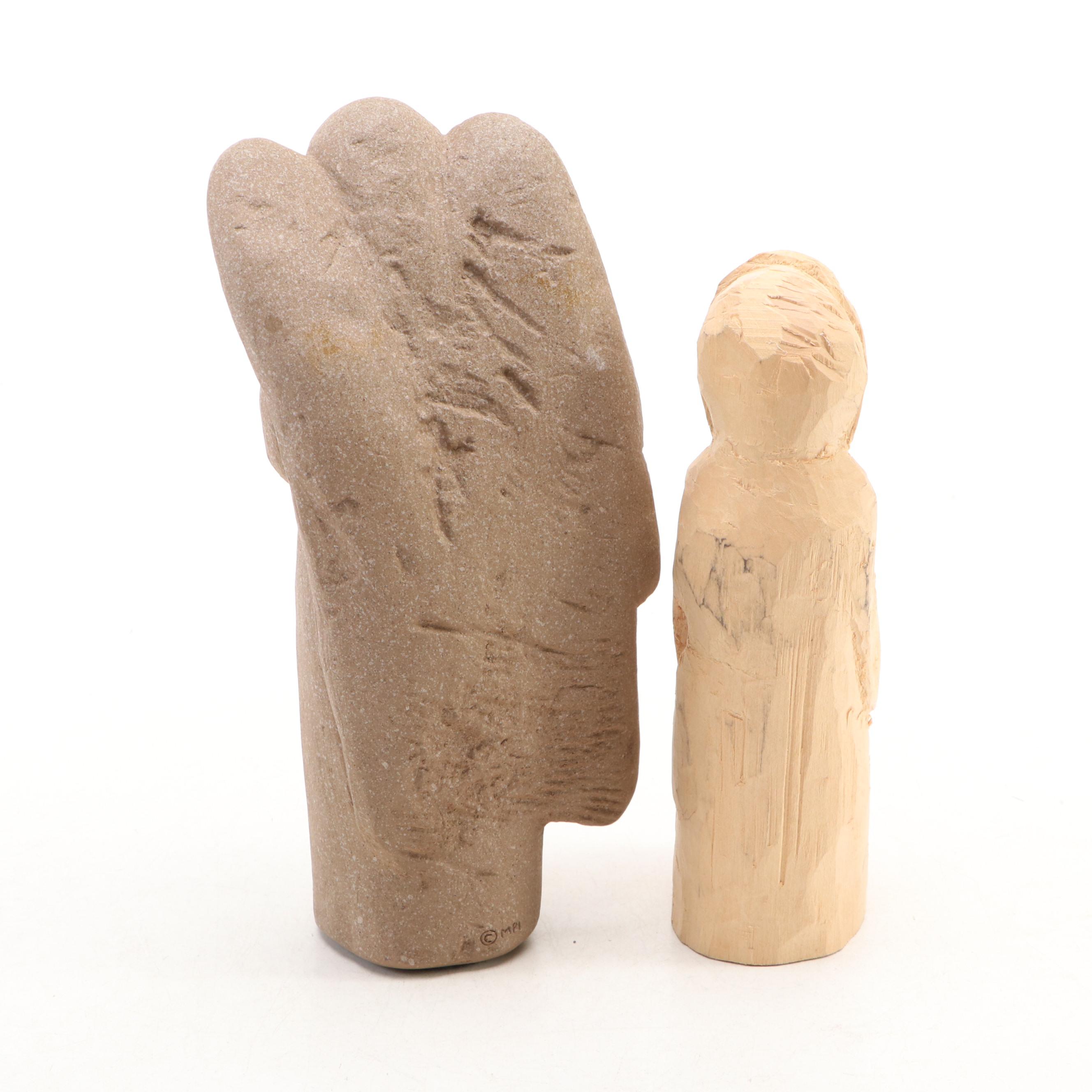 Japanese Metal Goat with Soapstone, Wood and Ceramic Figurines