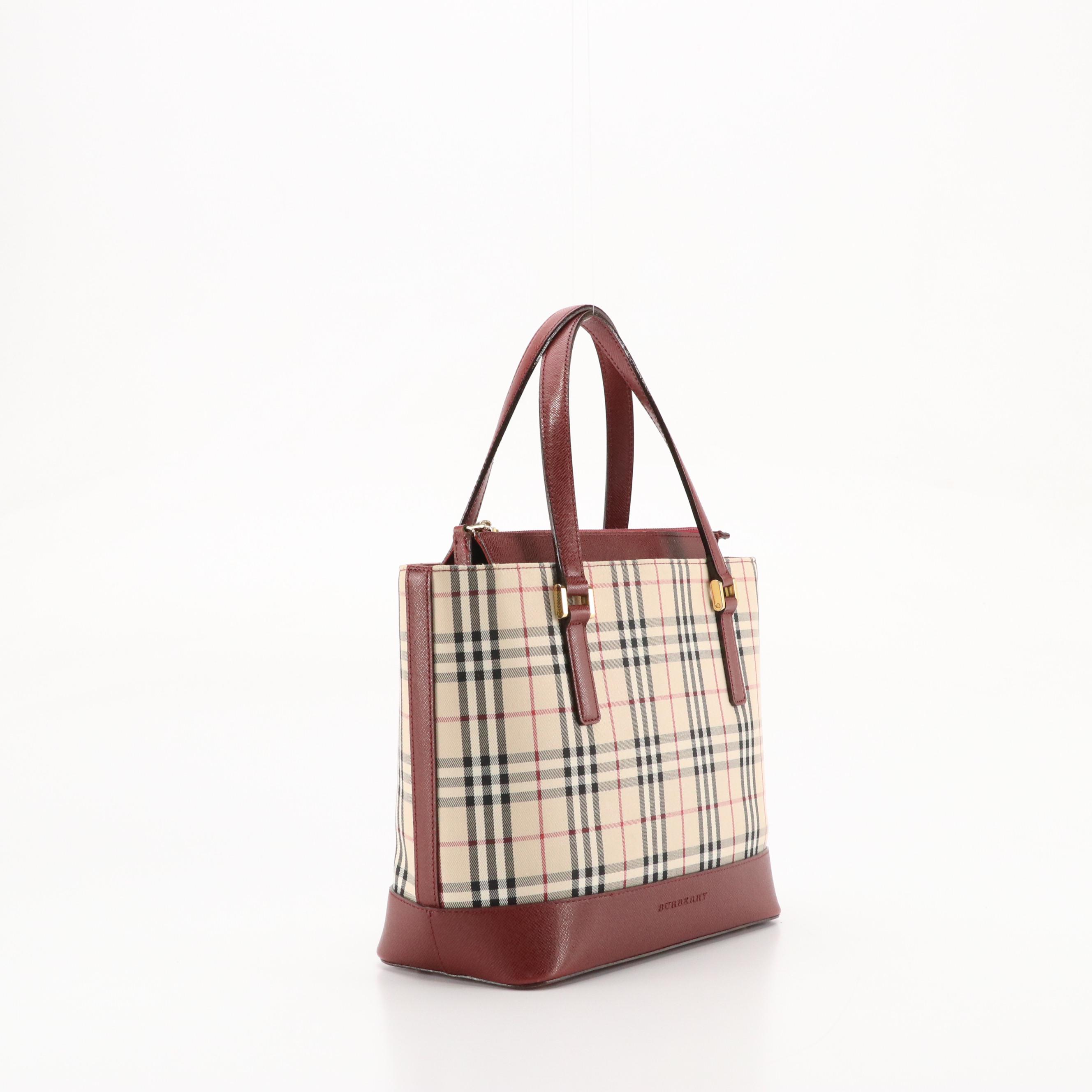 Burberry Top Handle Bag in Housecheck Nylon and Burgundy Leather Trim
