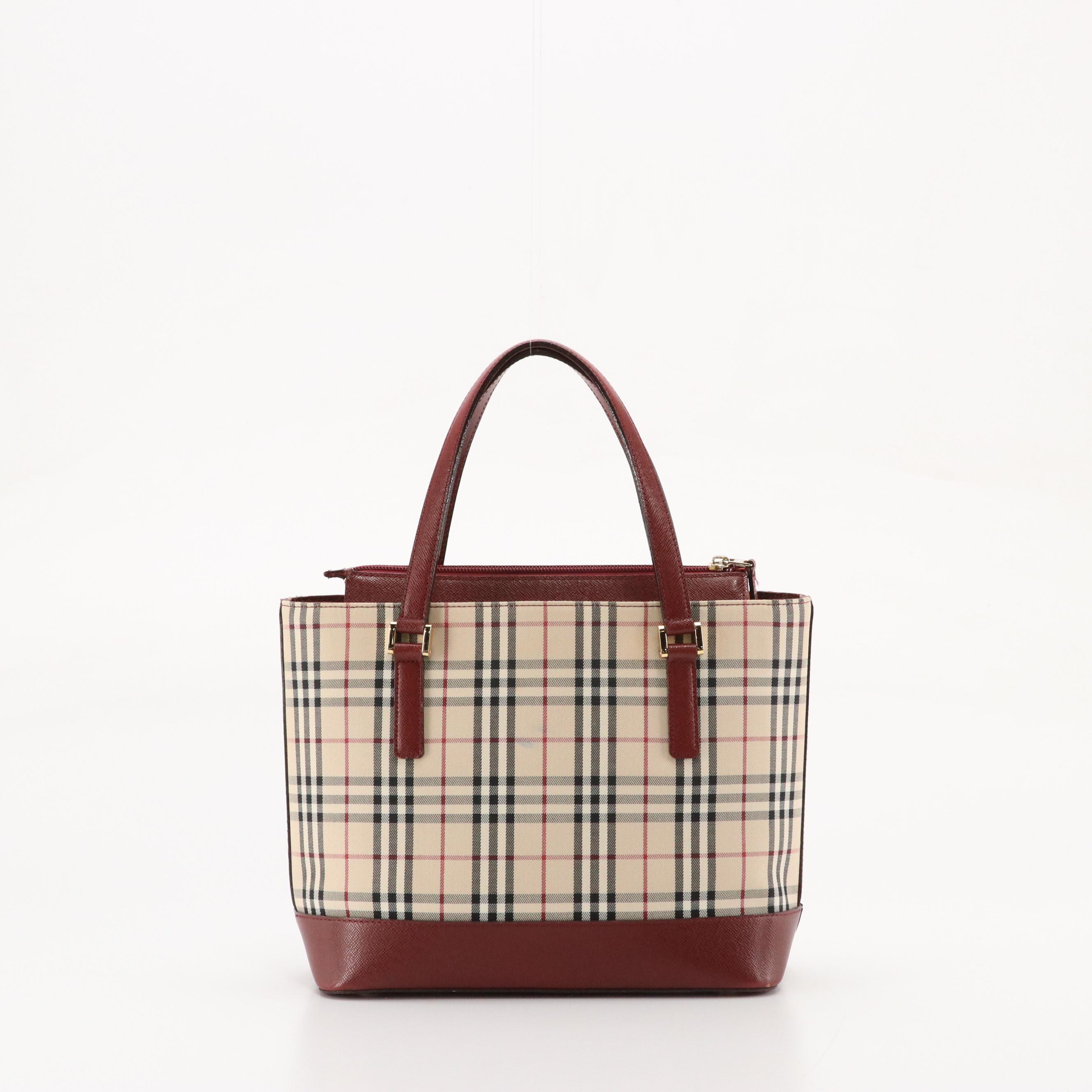 Burberry Top Handle Bag in Housecheck Nylon and Burgundy Leather Trim