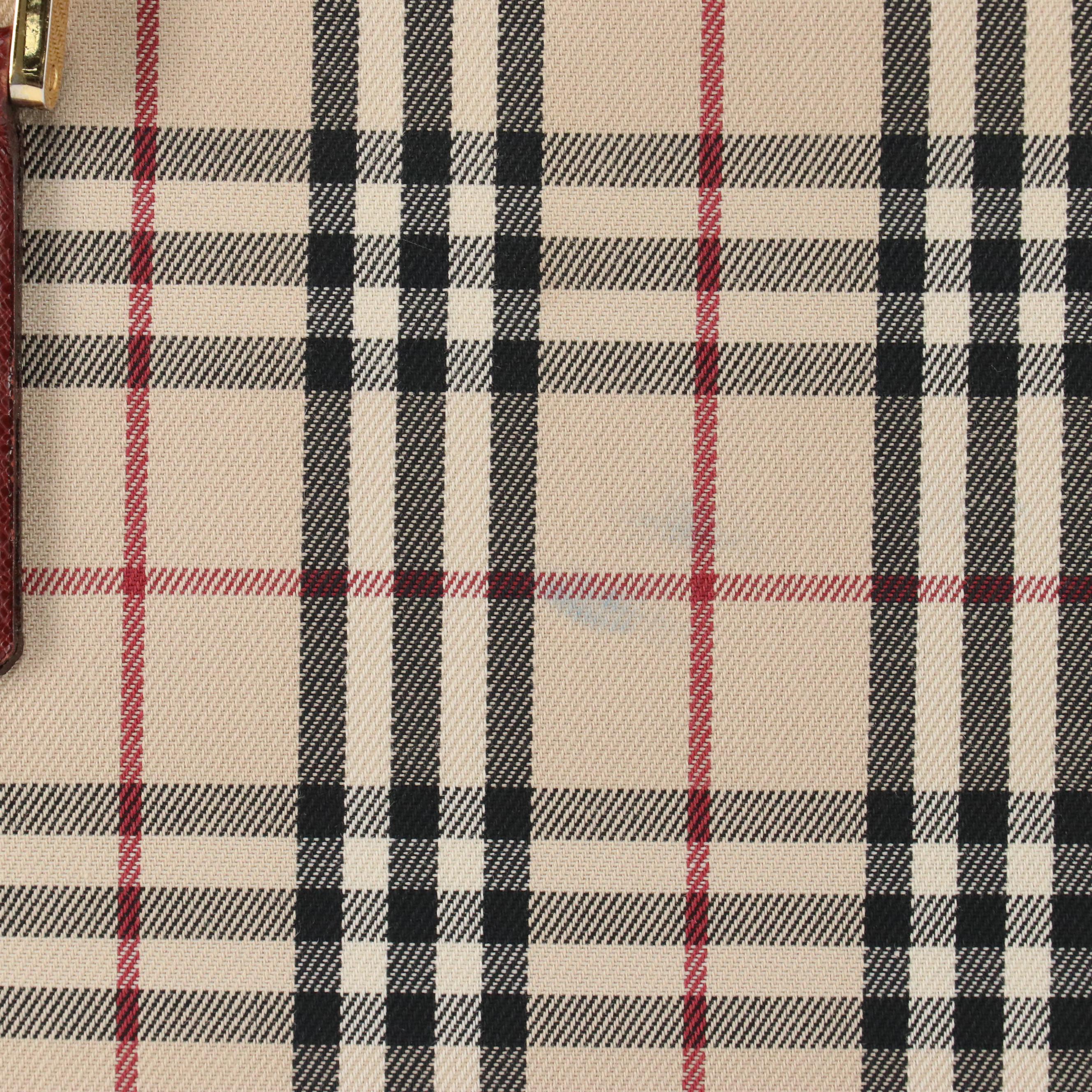 Burberry Top Handle Bag in Housecheck Nylon and Burgundy Leather Trim