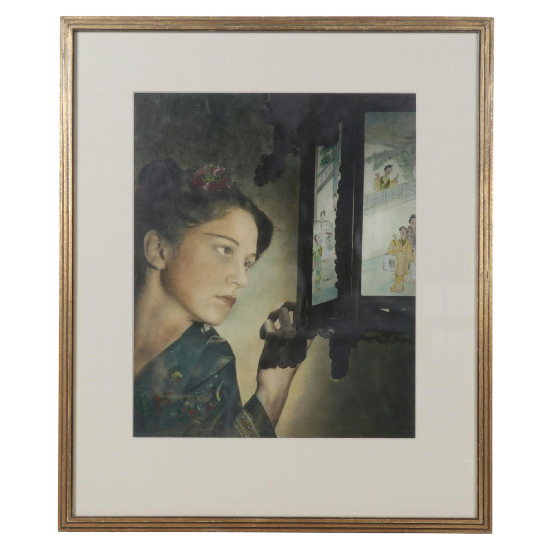 Oil Painting of Woman Gazing into Chinese Lantern