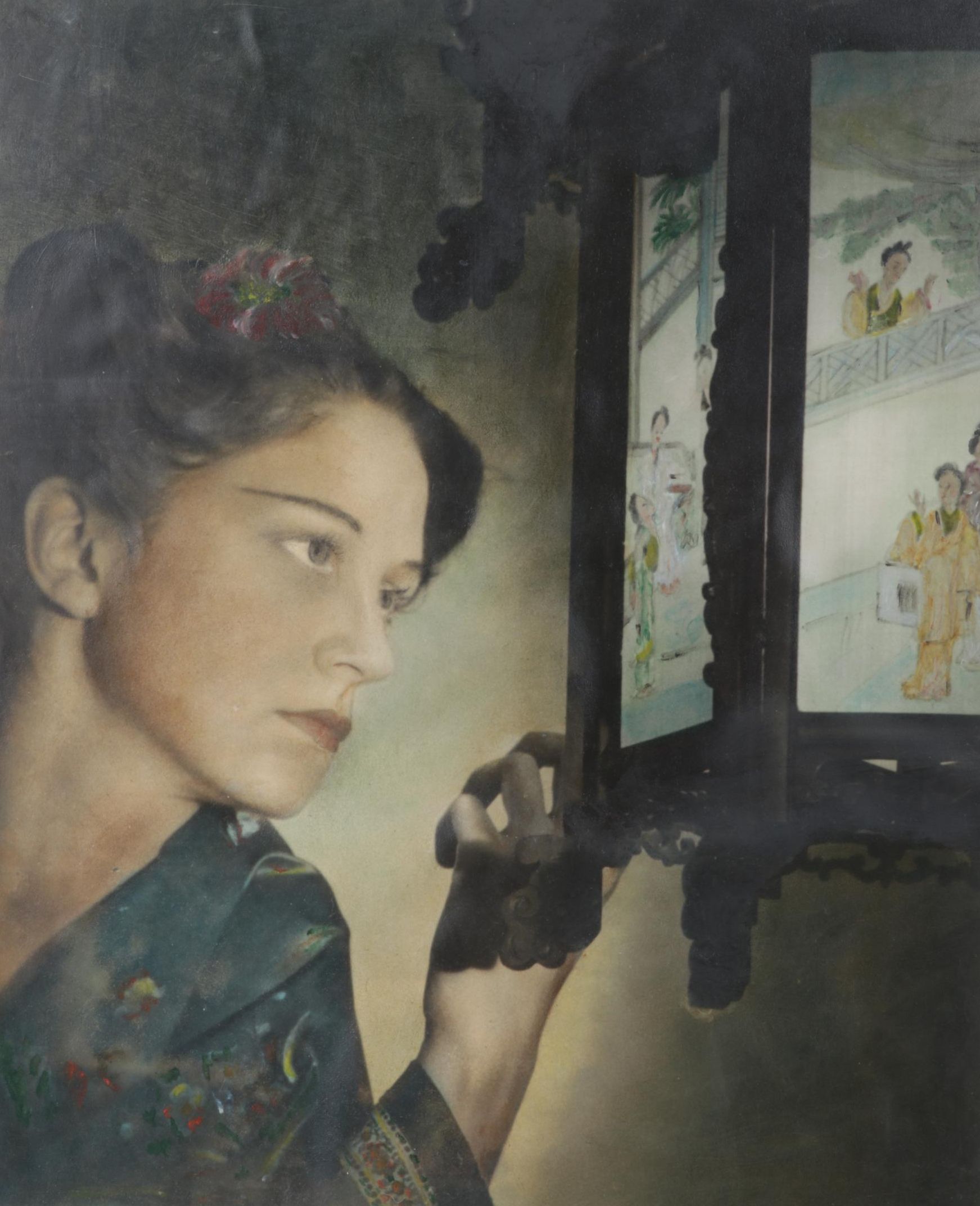 Oil Painting of Woman Gazing into Chinese Lantern