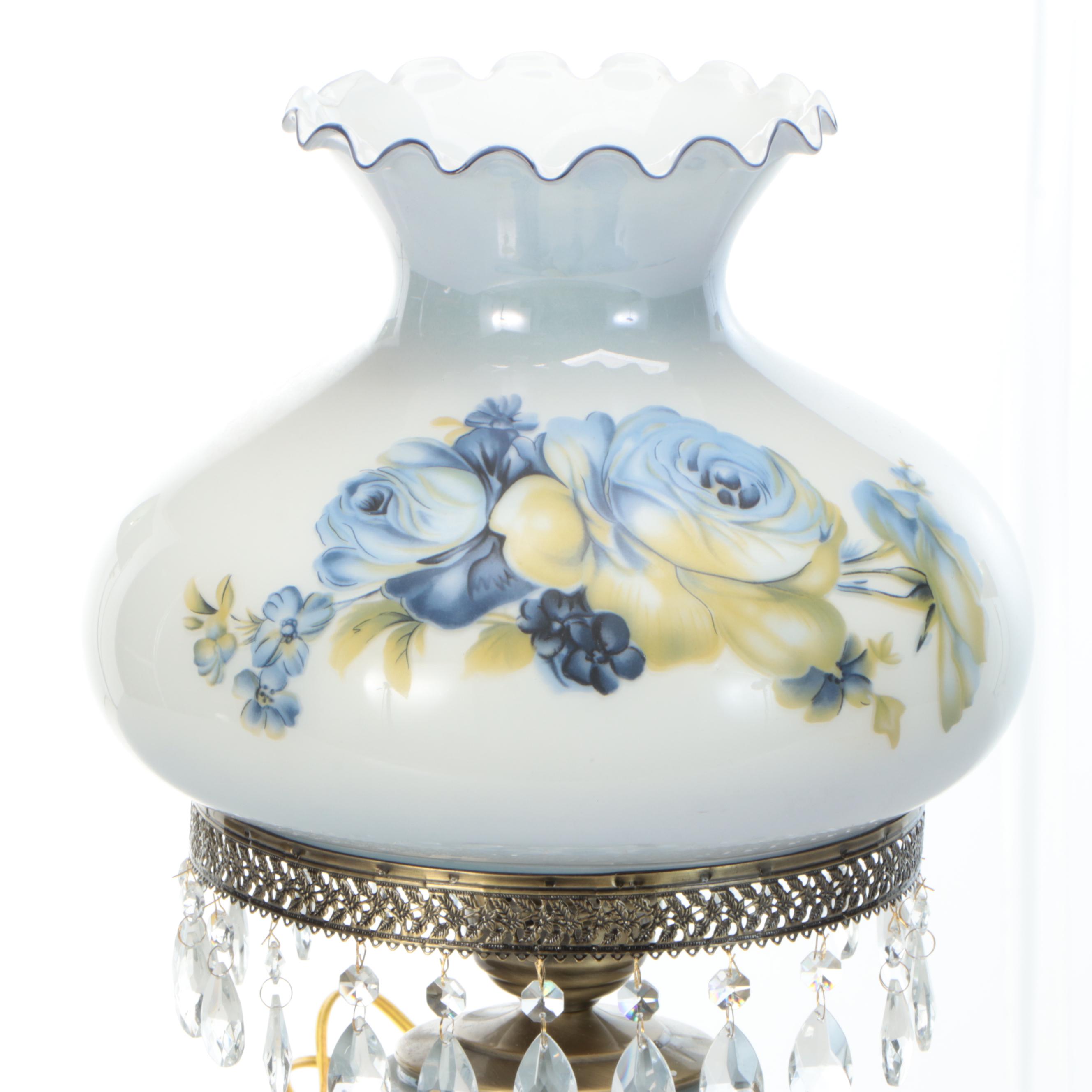 Hand-Painted Blue Roses on Milk Glass Table Lamp