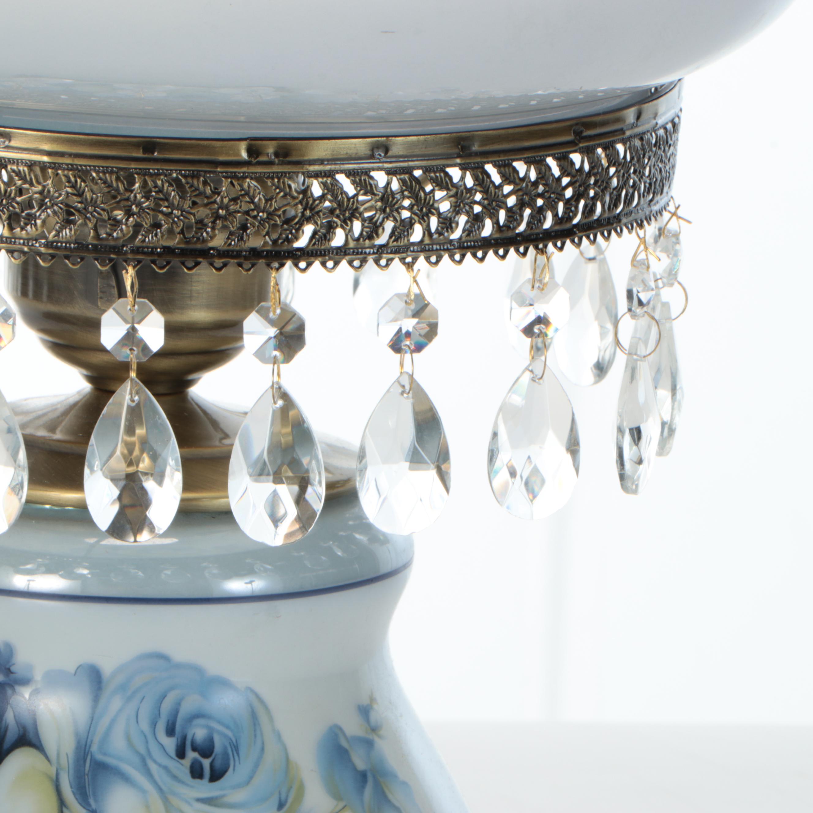 Hand-Painted Blue Roses on Milk Glass Table Lamp