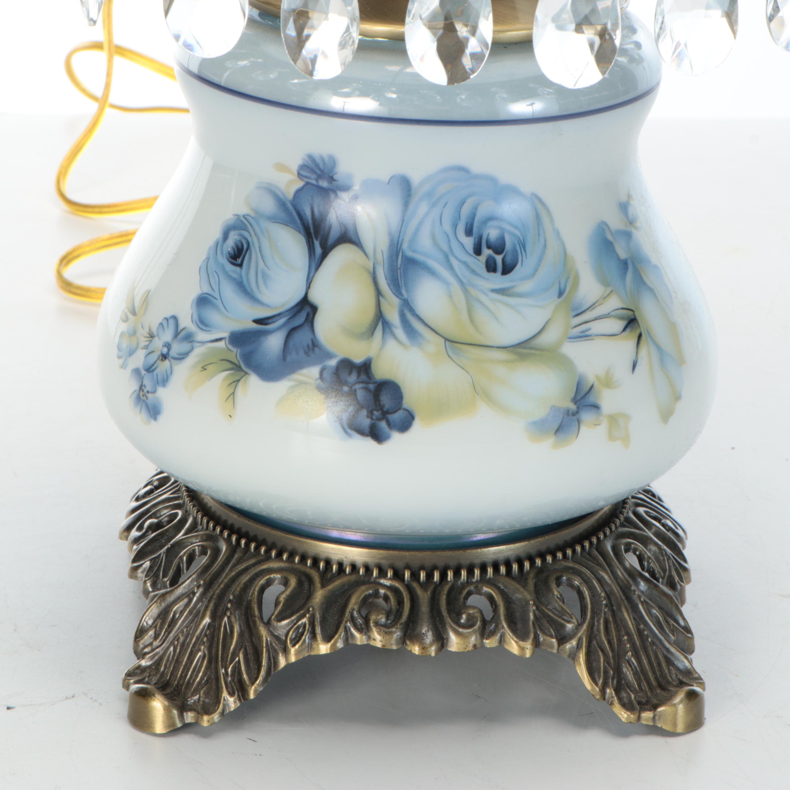 Hand-Painted Blue Roses on Milk Glass Table Lamp