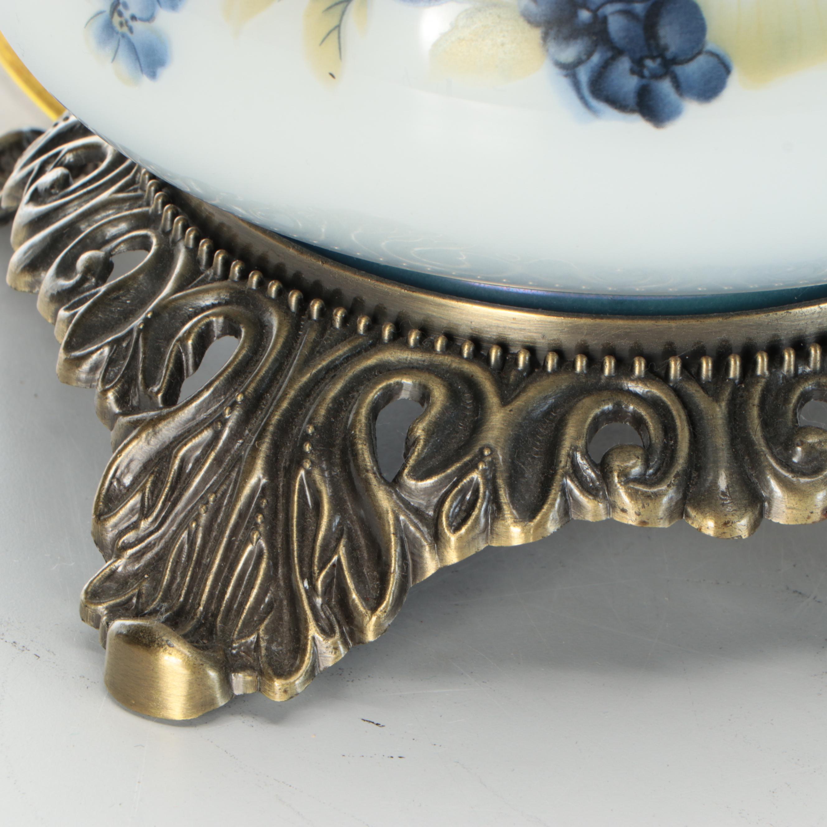 Hand-Painted Blue Roses on Milk Glass Table Lamp