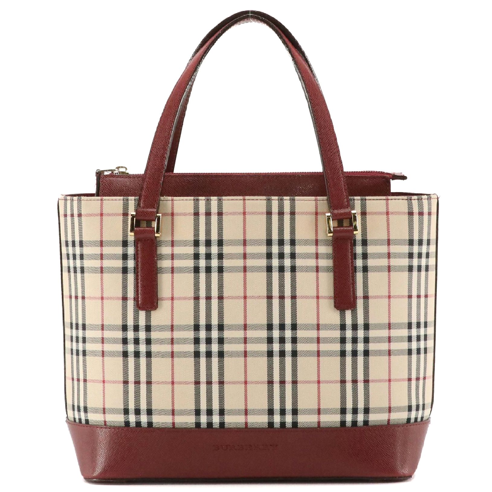 Burberry Top Handle Bag in Housecheck Nylon and Burgundy Leather Trim