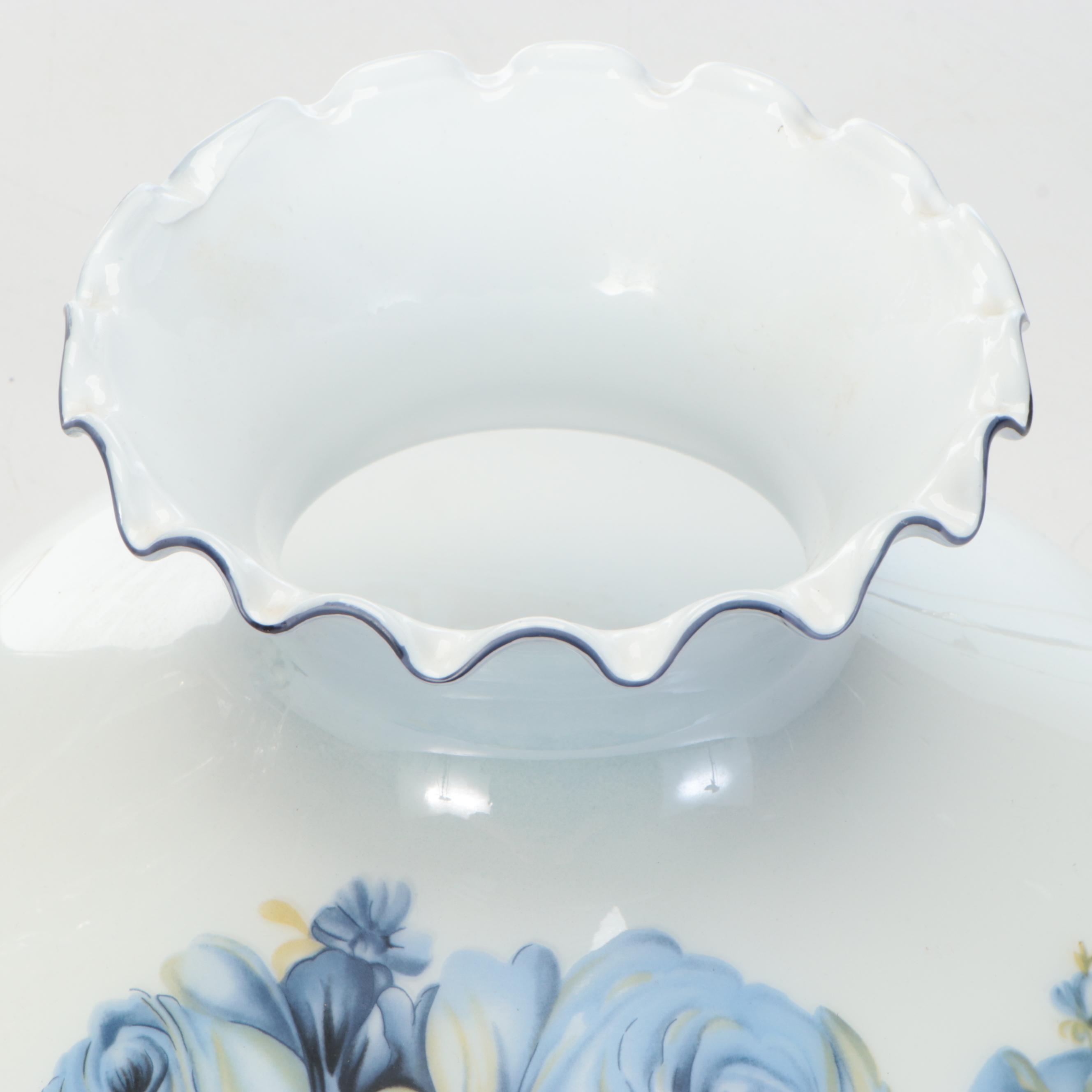 Hand-Painted Blue Roses on Milk Glass Table Lamp