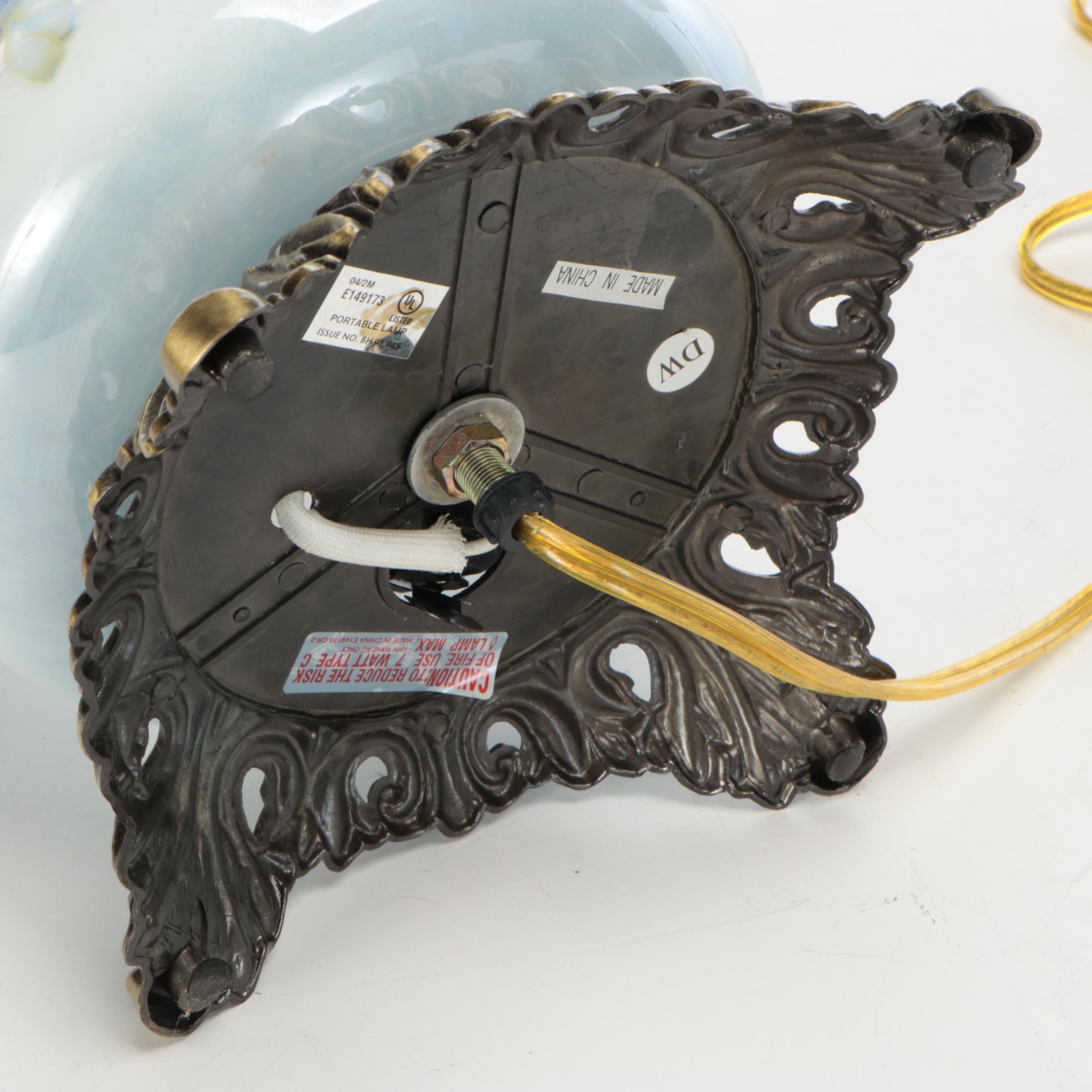 Hand-Painted Blue Roses on Milk Glass Table Lamp