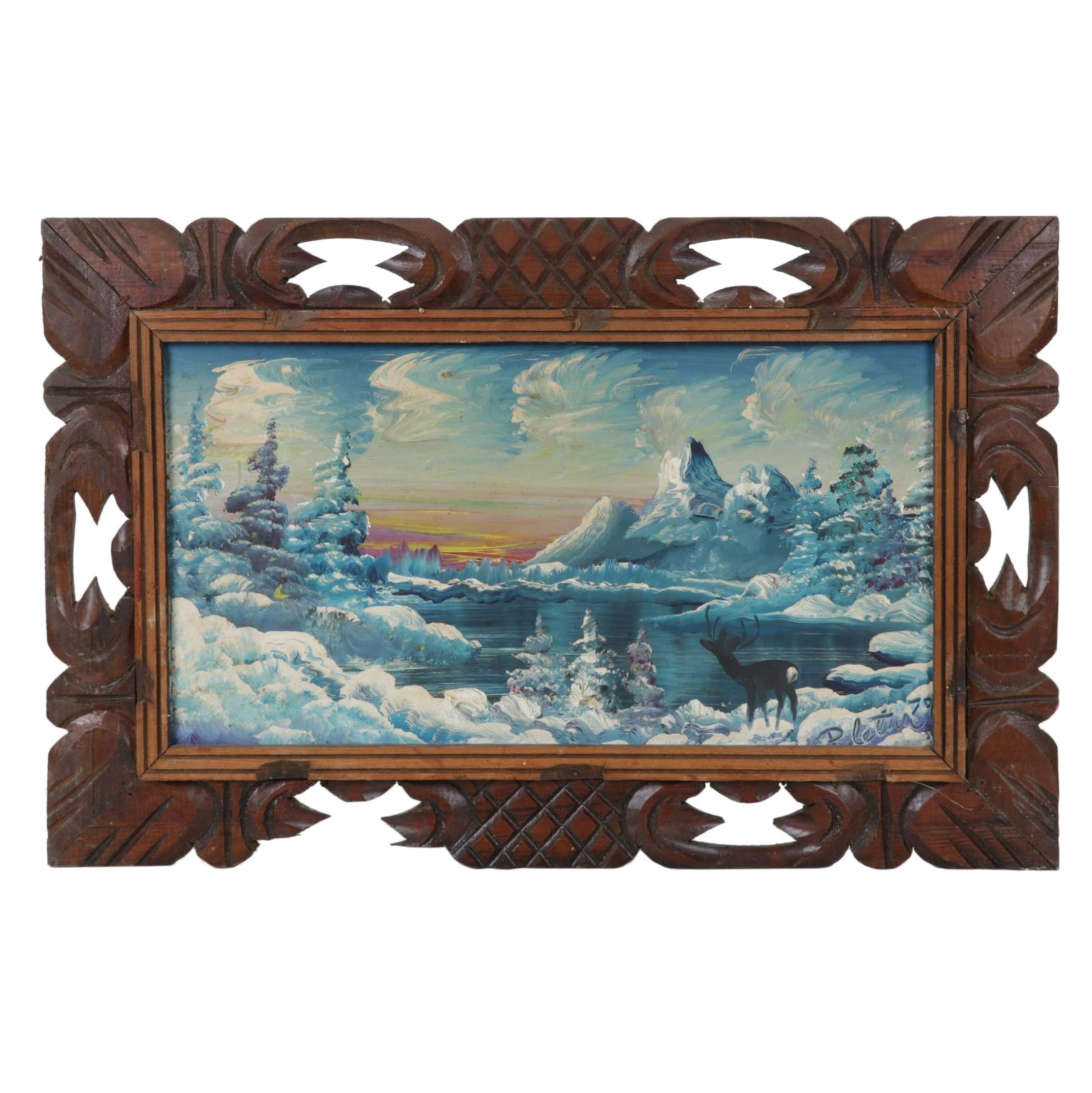 Burnette G. Pletan Oil Painting of Blue Monochrome Rustic Winter Landscape, 1979