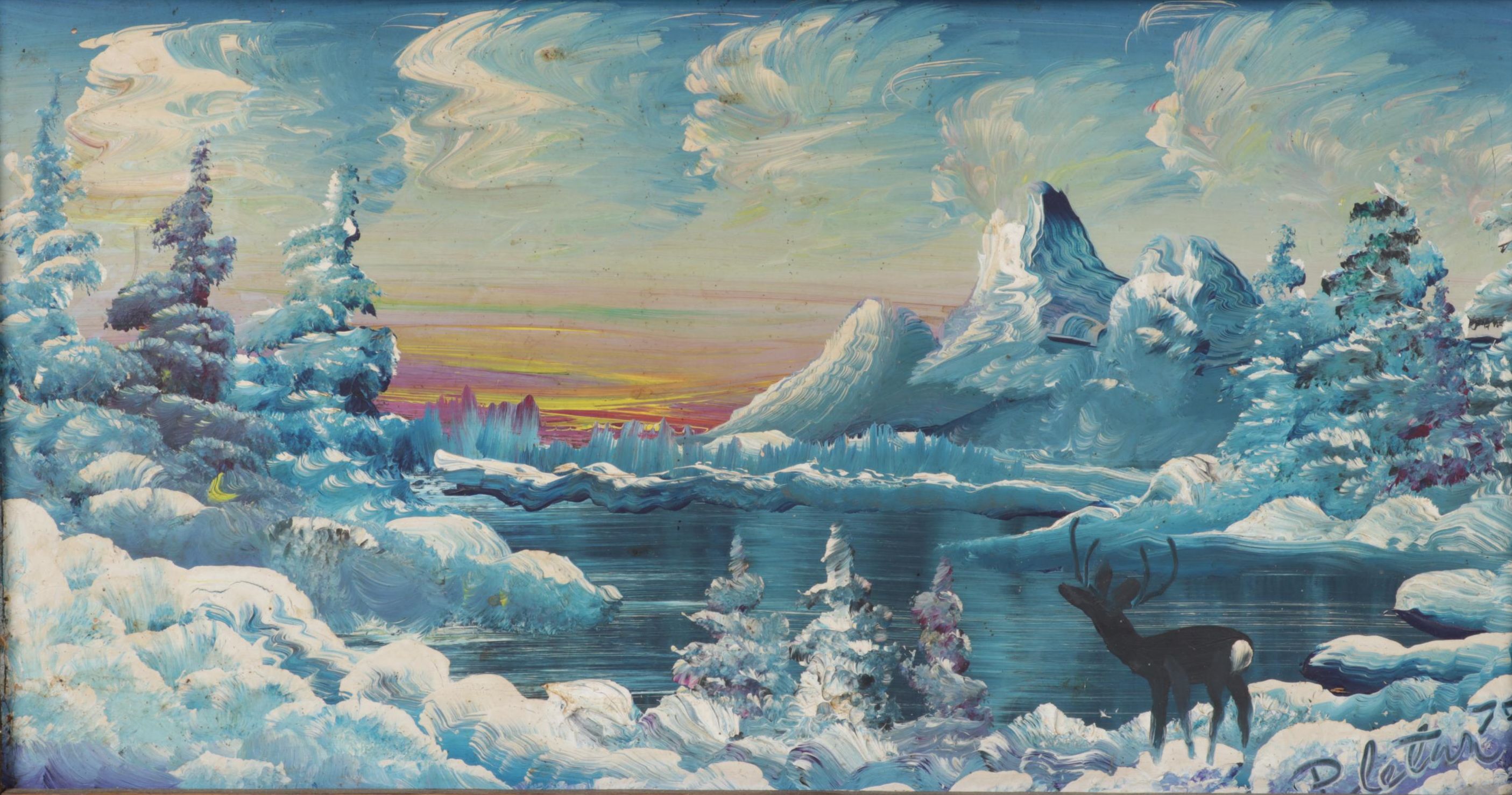 Burnette G. Pletan Oil Painting of Blue Monochrome Rustic Winter Landscape, 1979