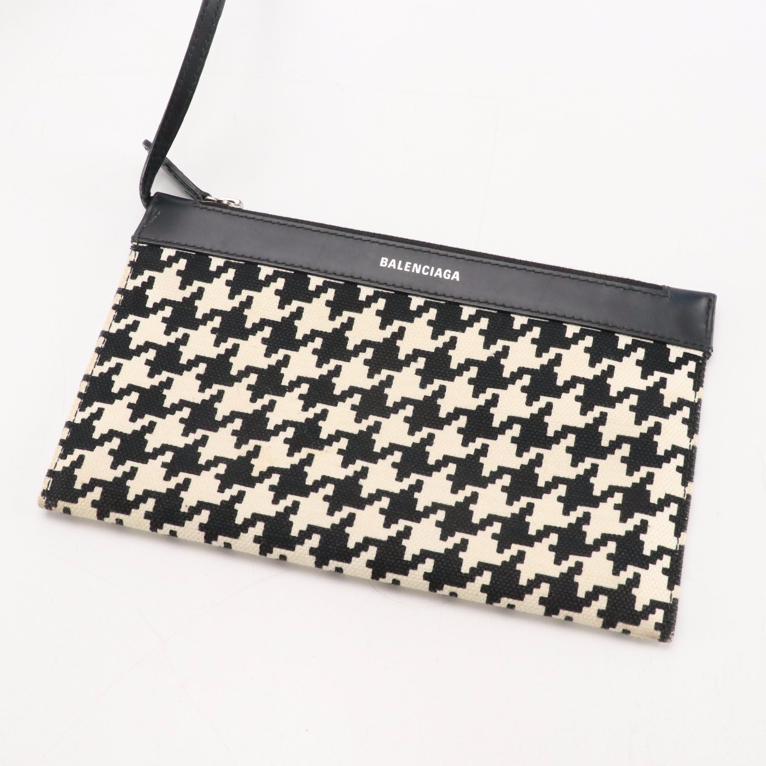 Balenciaga Houndstooth Canvas and Leather Tote with Zip Pouch