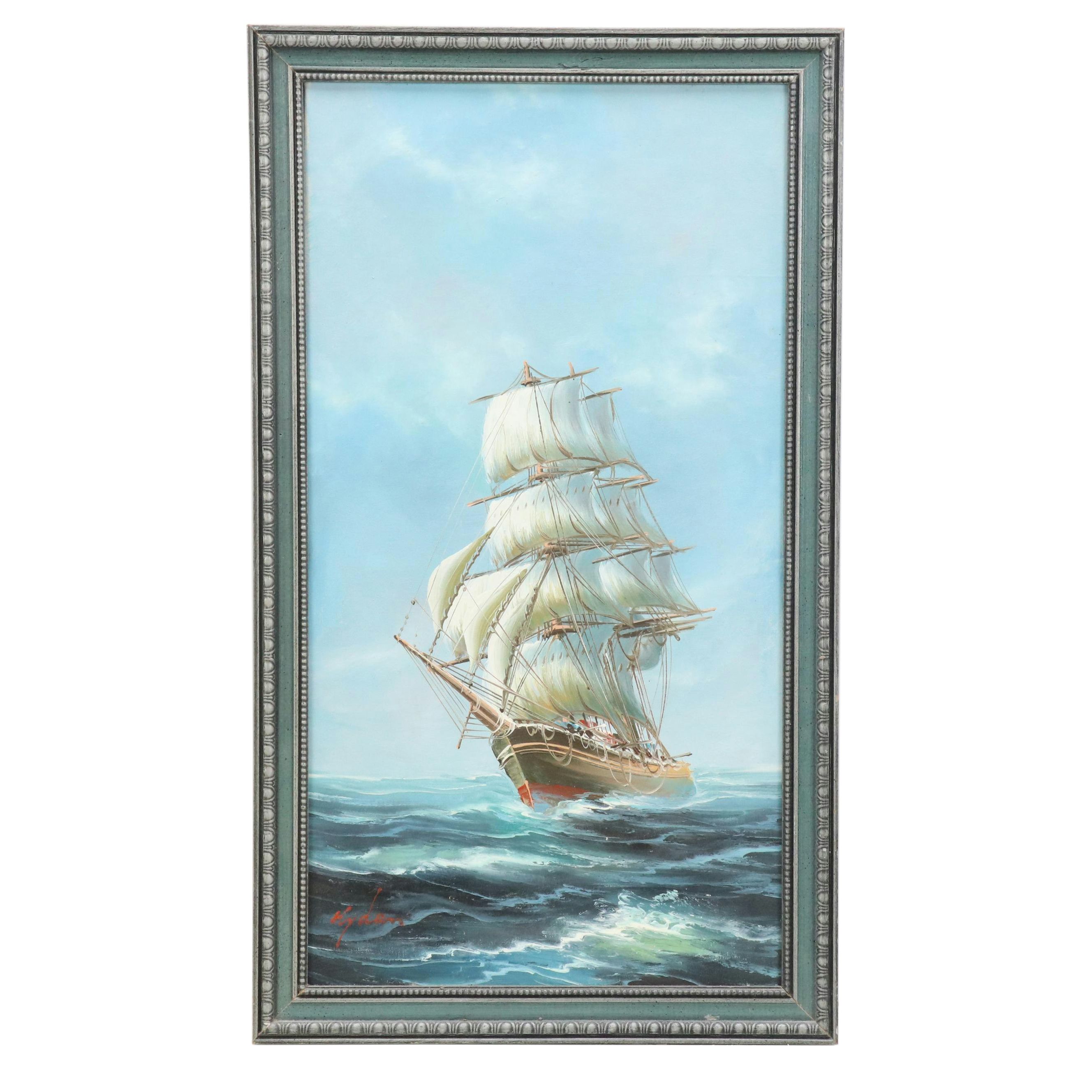 Maritime Oil Painting with Sailing Ship, Late 20th Century