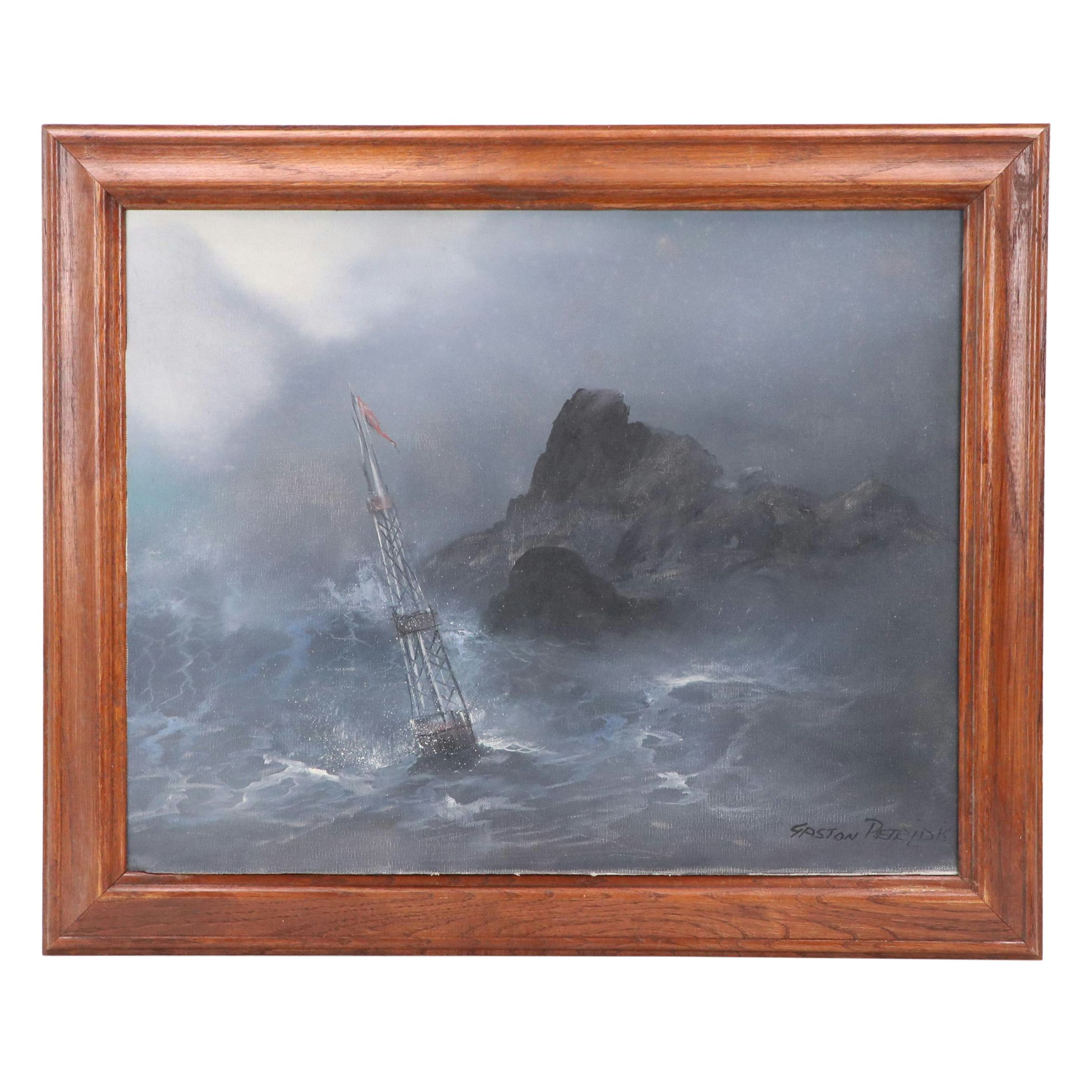 Gaston Petridis Oil Painting of Stormy Seascape, Late 20th Century