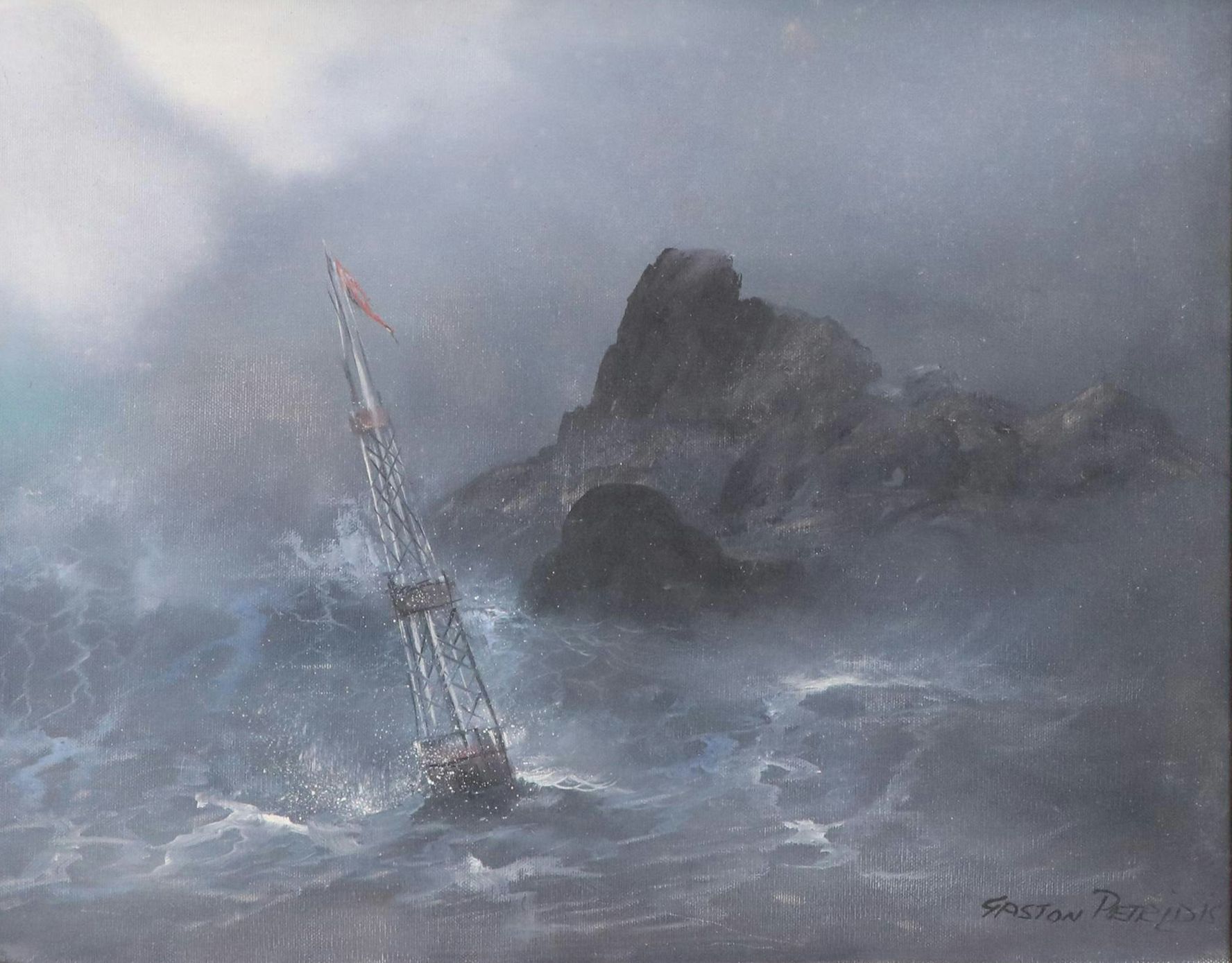 Gaston Petridis Oil Painting of Stormy Seascape, Late 20th Century