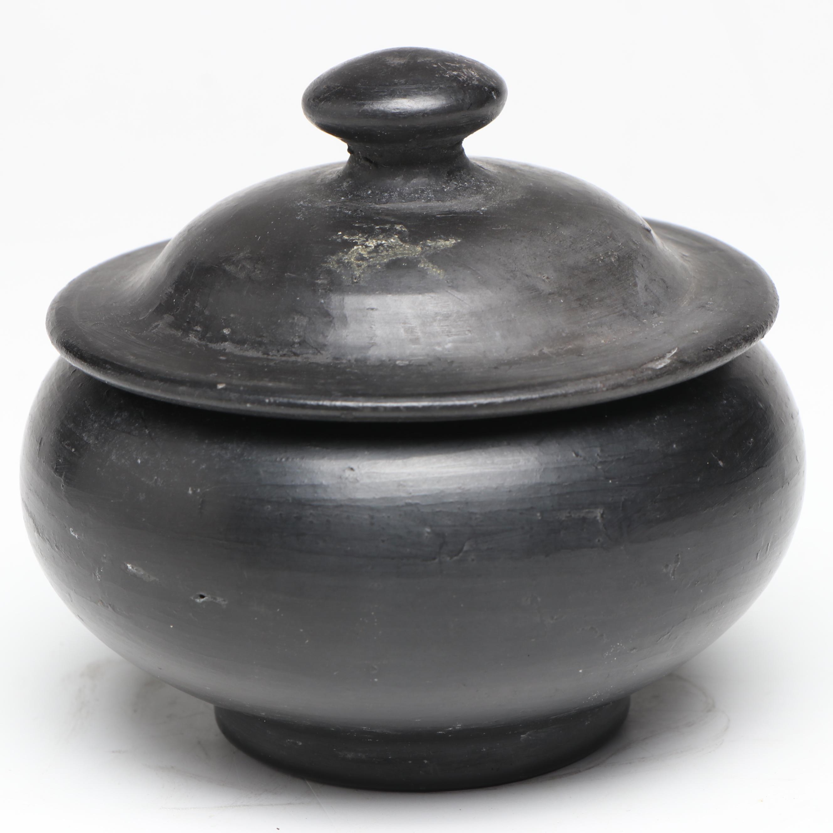 Mexican Barro Negro Lidded Jar with Venezuelan Folk Art Ceramic Figures