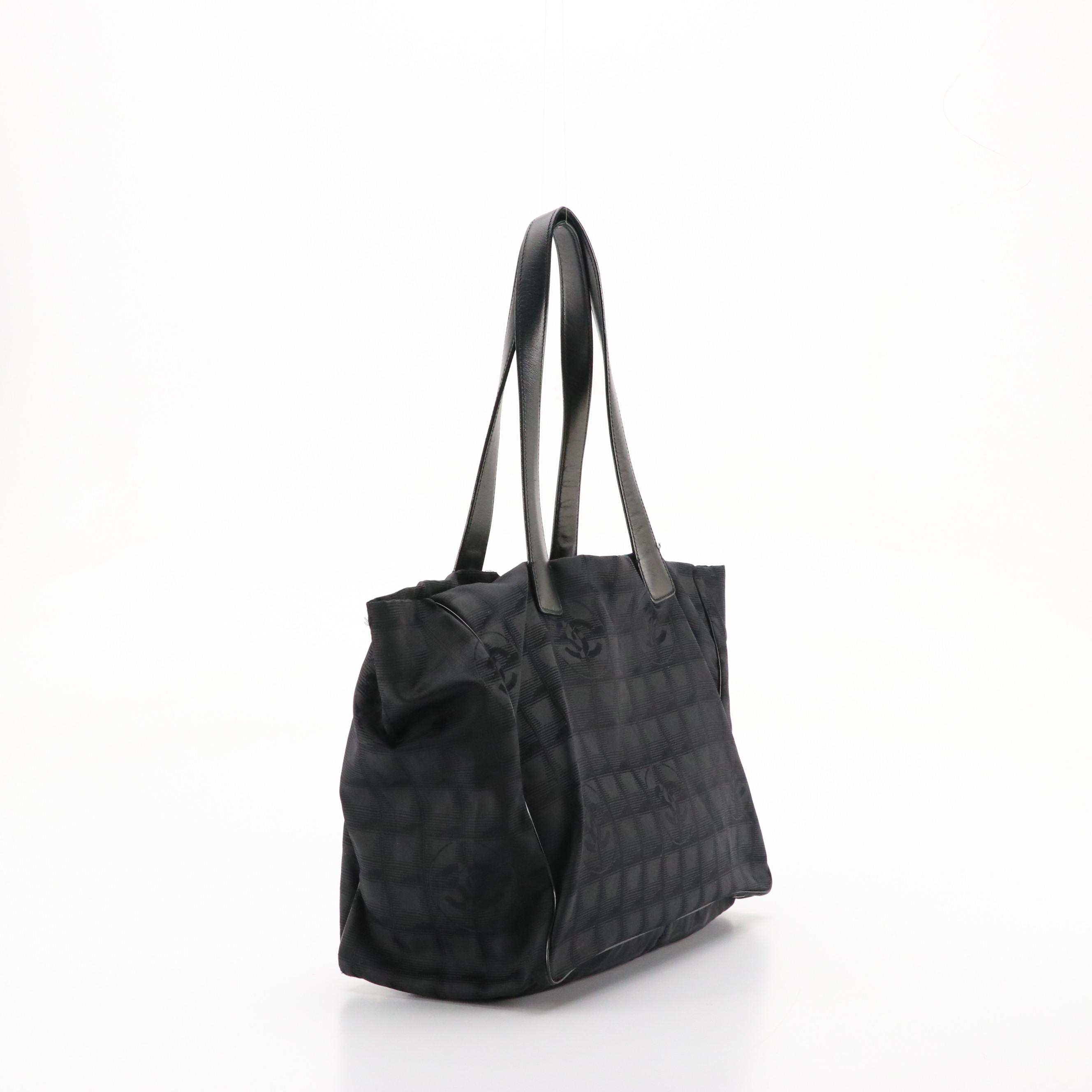 Chanel Travel Ligne Shoulder Tote in Black CC Nylon Jacquard with Leather Trim