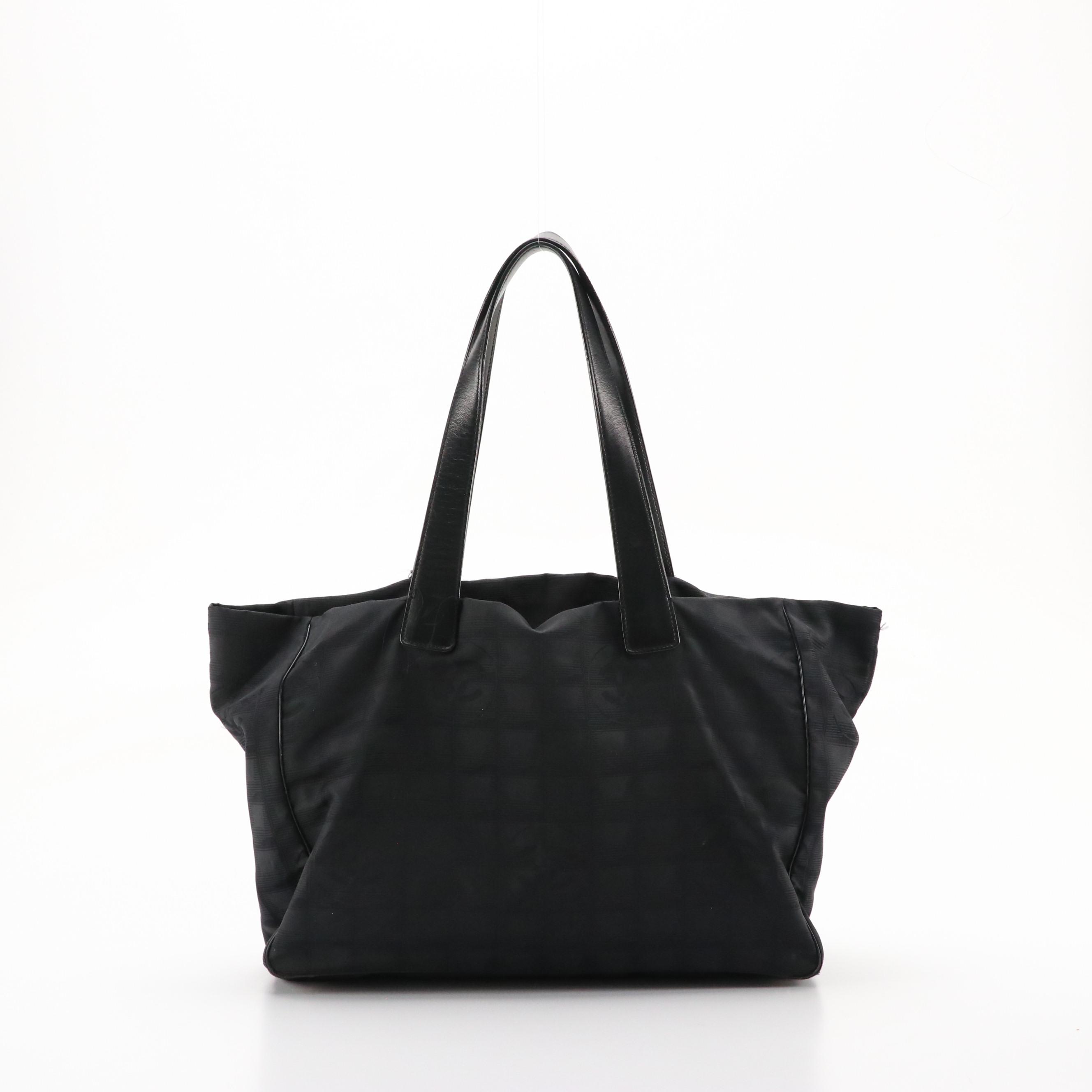 Chanel Travel Ligne Shoulder Tote in Black CC Nylon Jacquard with Leather Trim