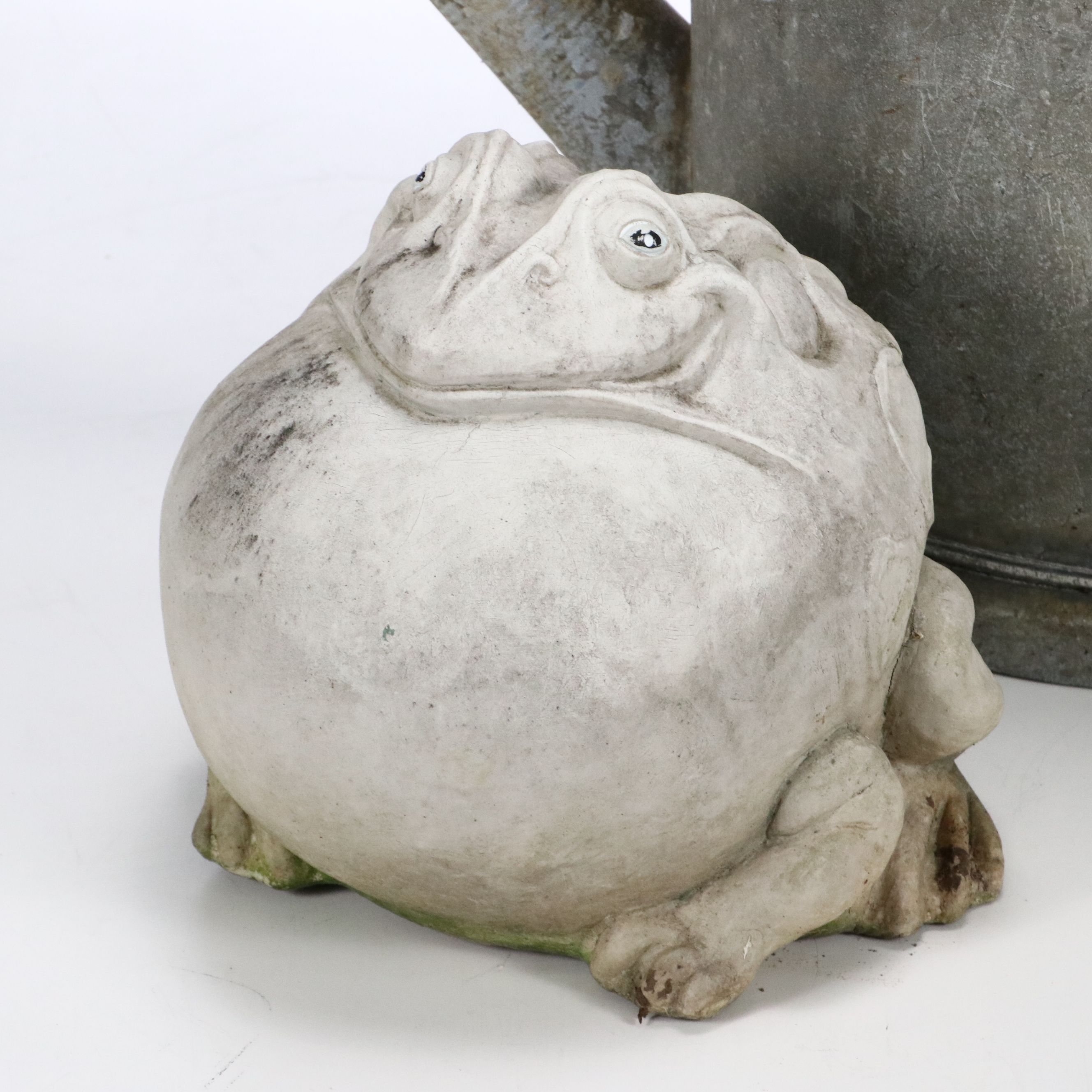 Frog Garden Statue with Vintage Galvanized Metal Watering Can