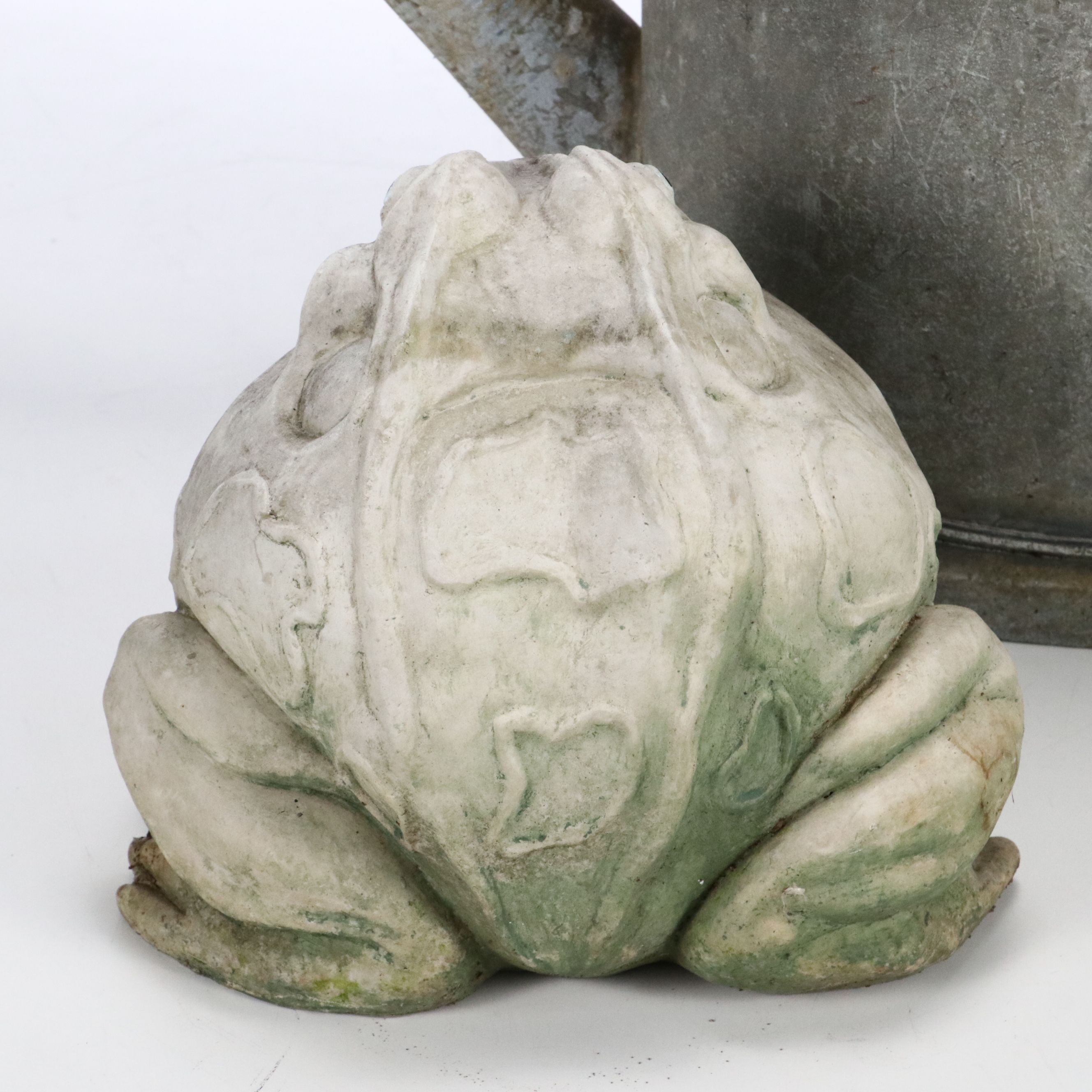 Frog Garden Statue with Vintage Galvanized Metal Watering Can