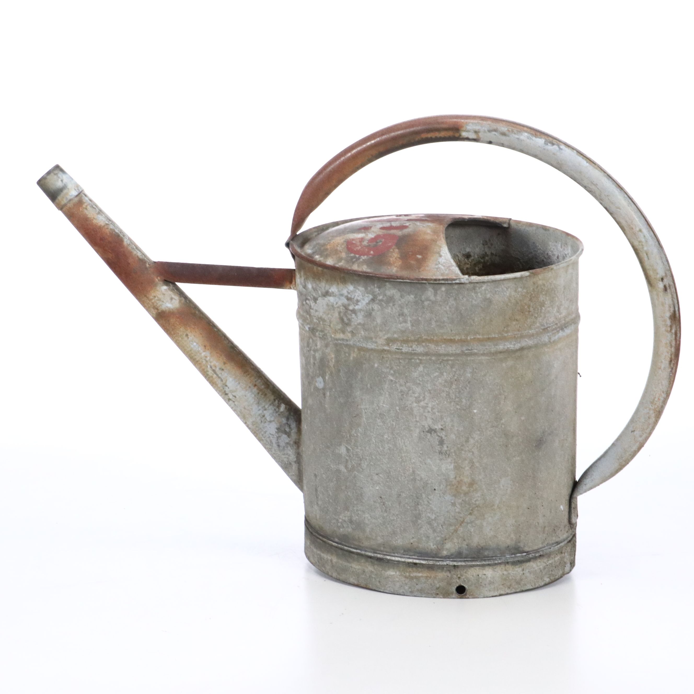 Frog Garden Statue with Vintage Galvanized Metal Watering Can