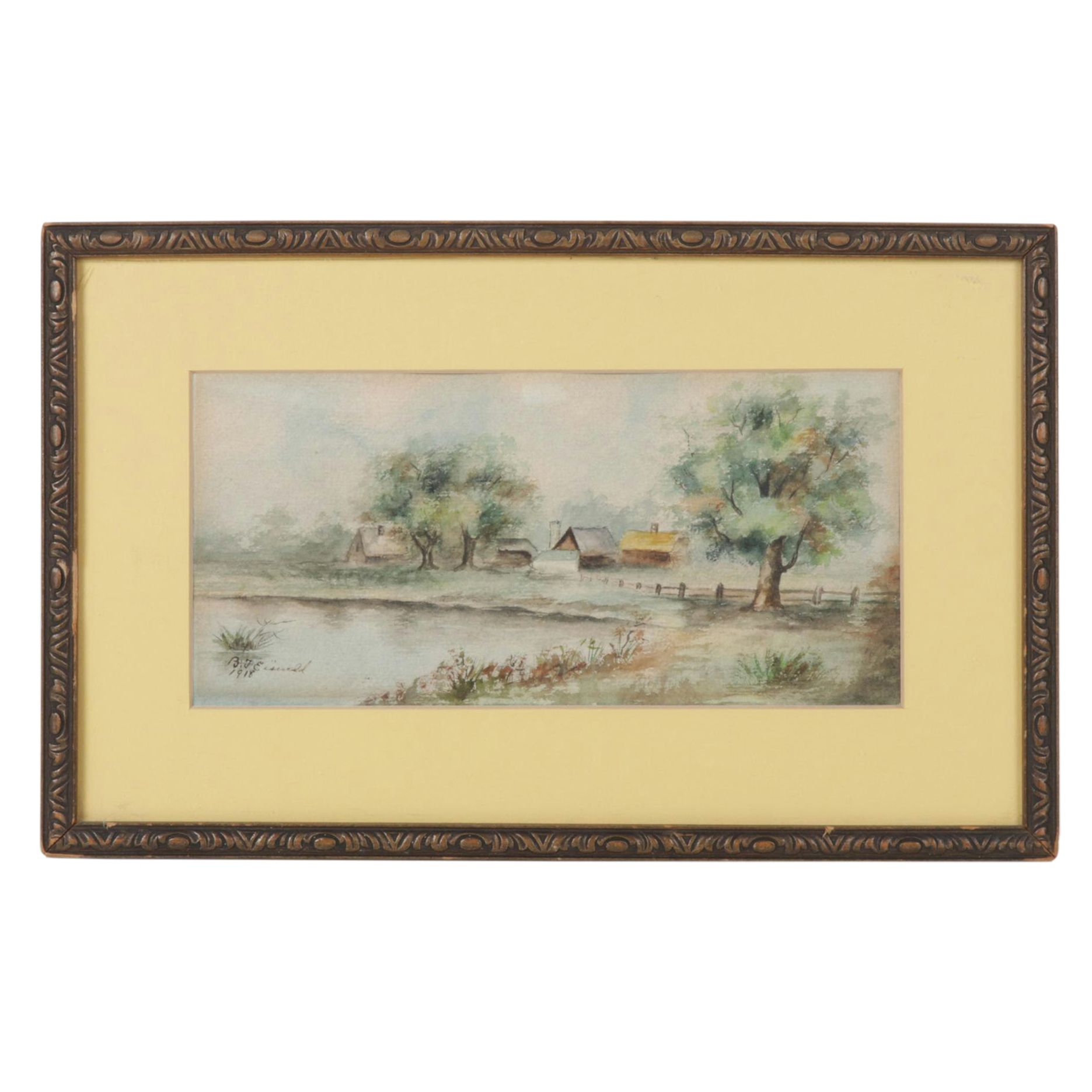 B.J. Eiswald Pastoral Farm Landscape Watercolor Painting, 1918