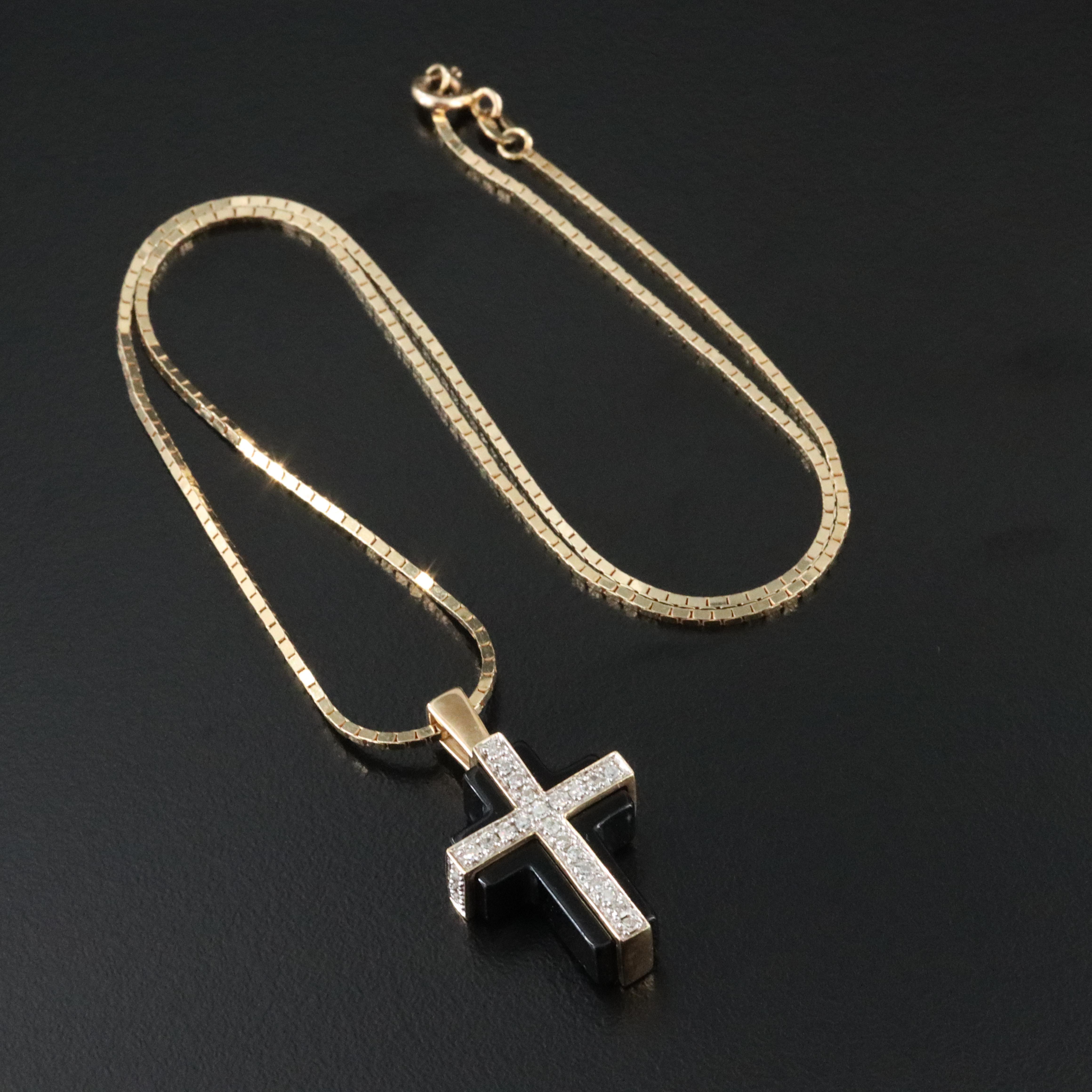 14K Black Onyx and Diamond Cross Necklace