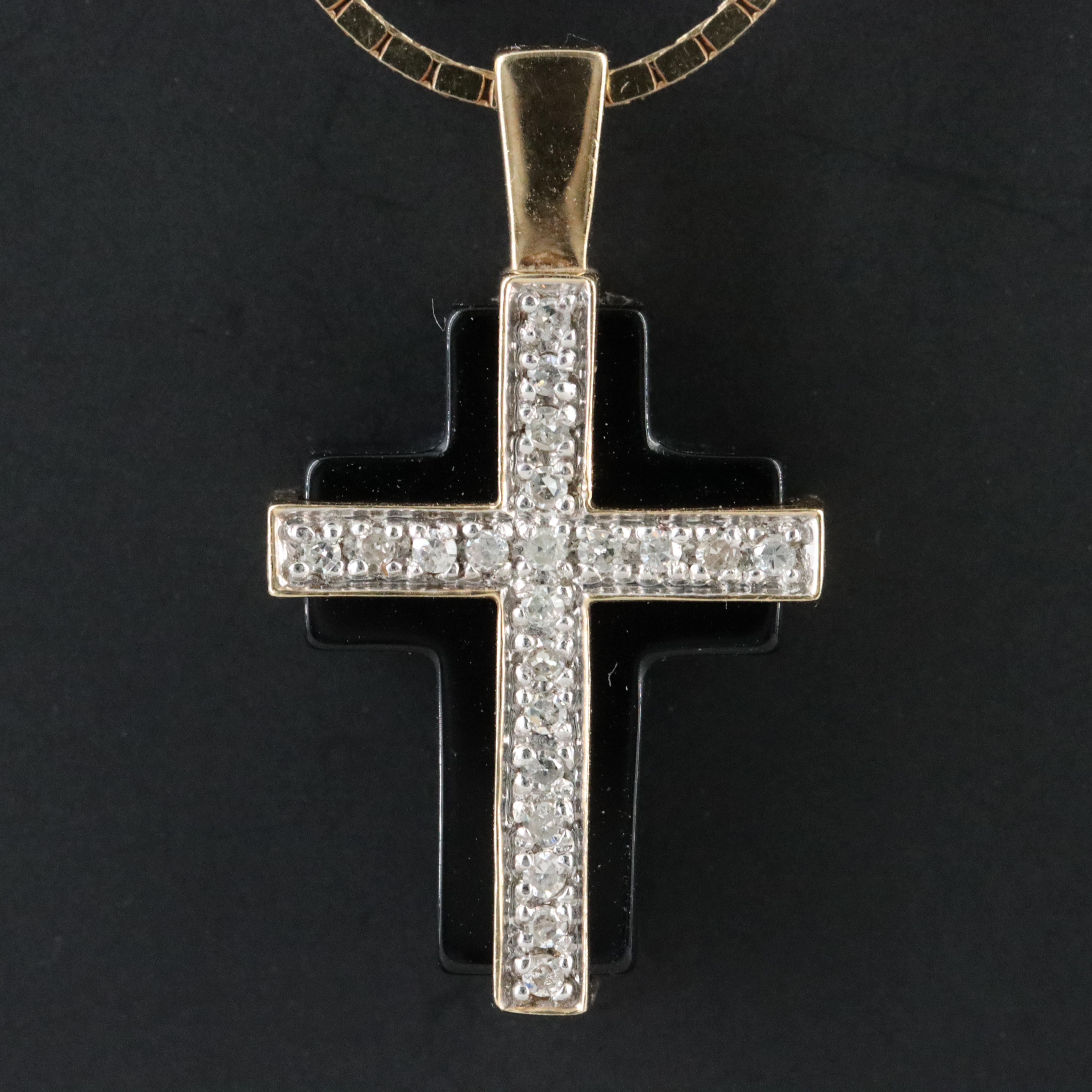 14K Black Onyx and Diamond Cross Necklace