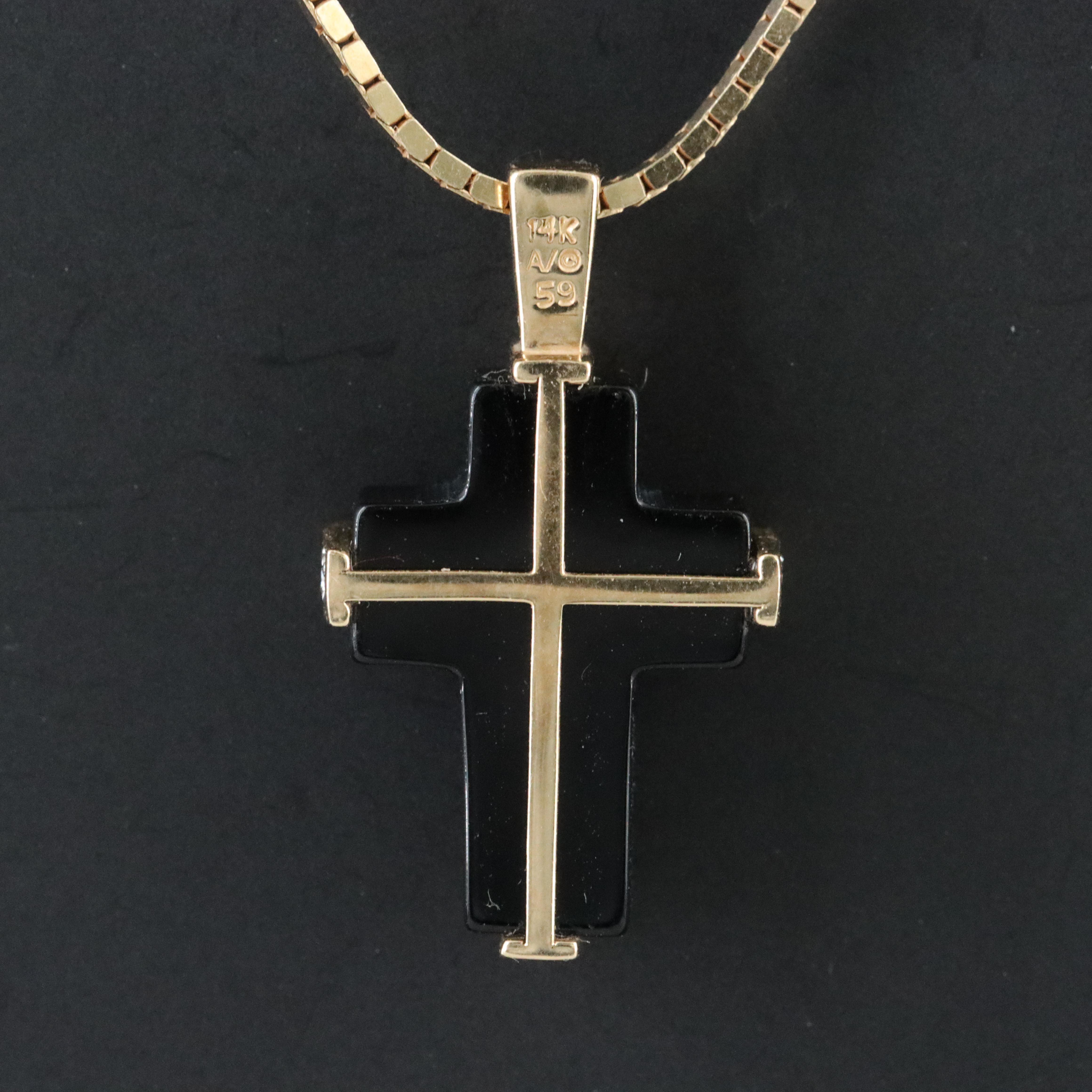 14K Black Onyx and Diamond Cross Necklace