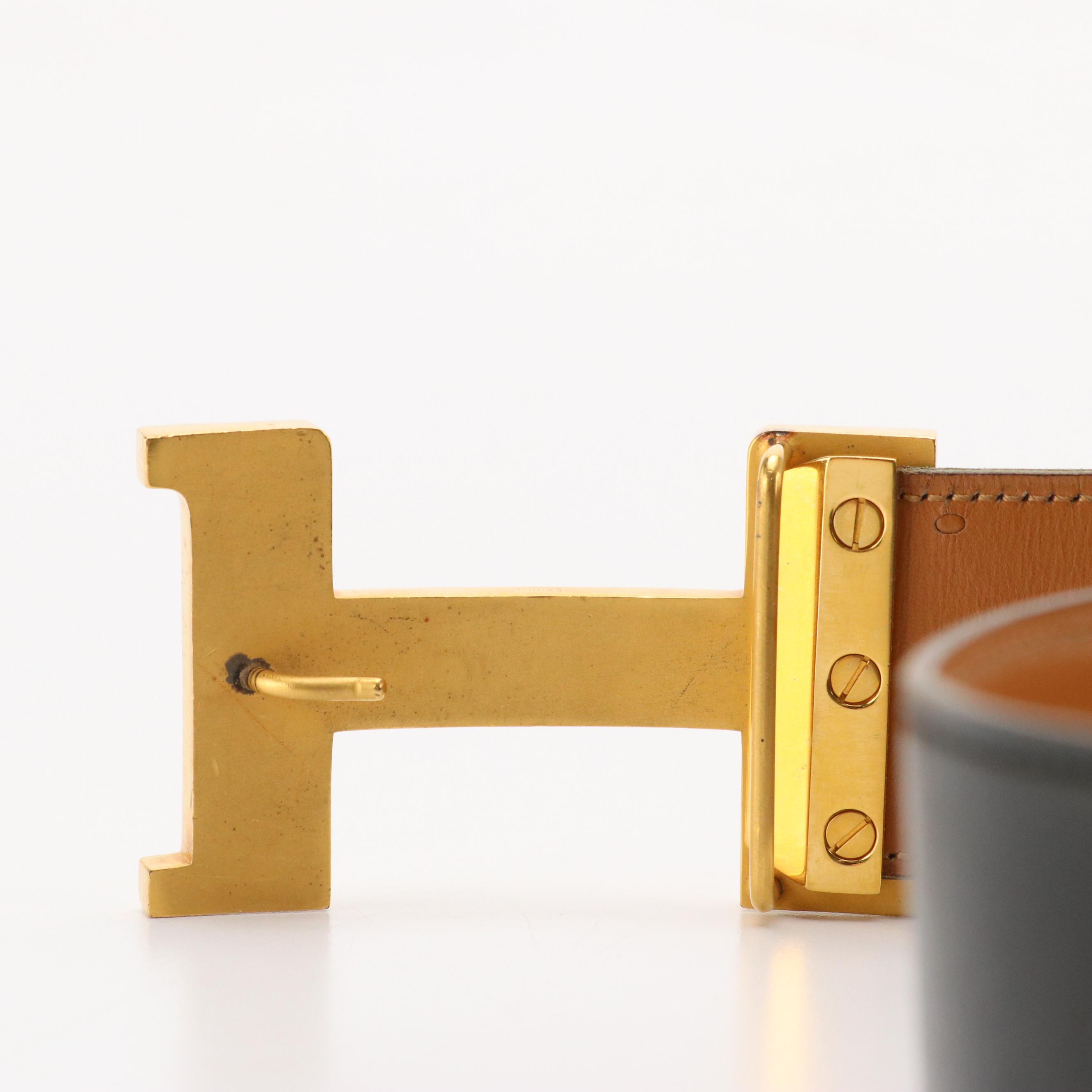 Hermès Gold Tone H Buckle Belt in Black Leather