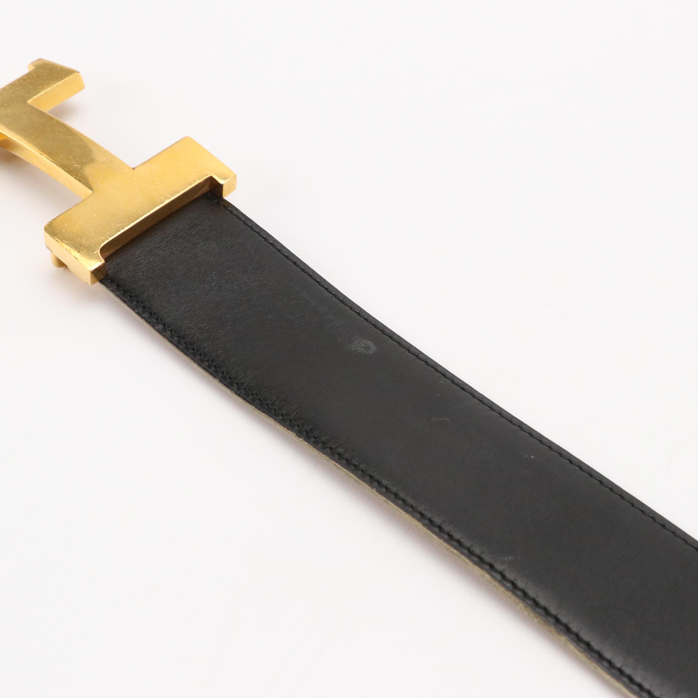 Hermès Gold Tone H Buckle Belt in Black Leather