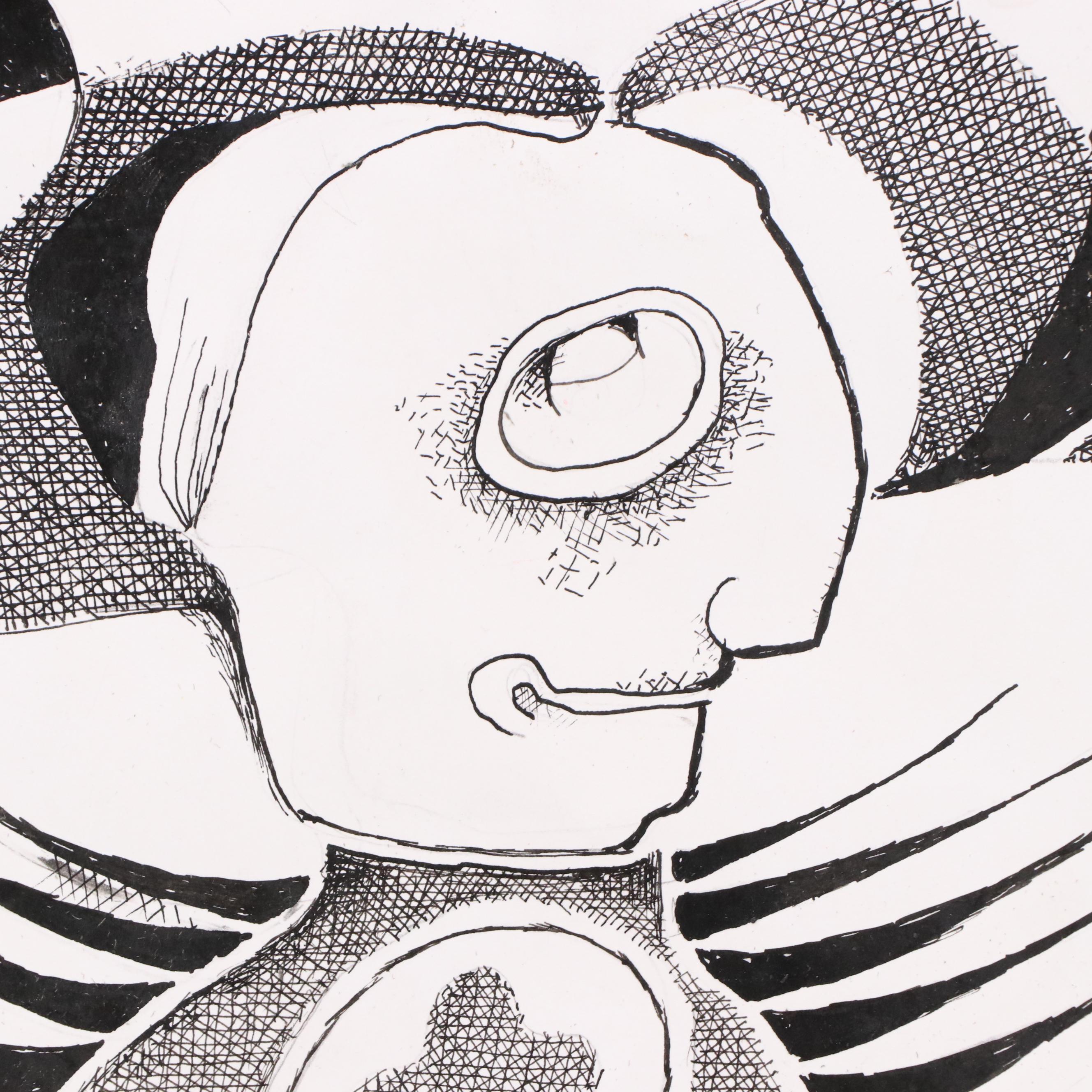 Nikolay "Kuk" Manuylov Figural Surrealist Pen and Ink Drawing, 2017