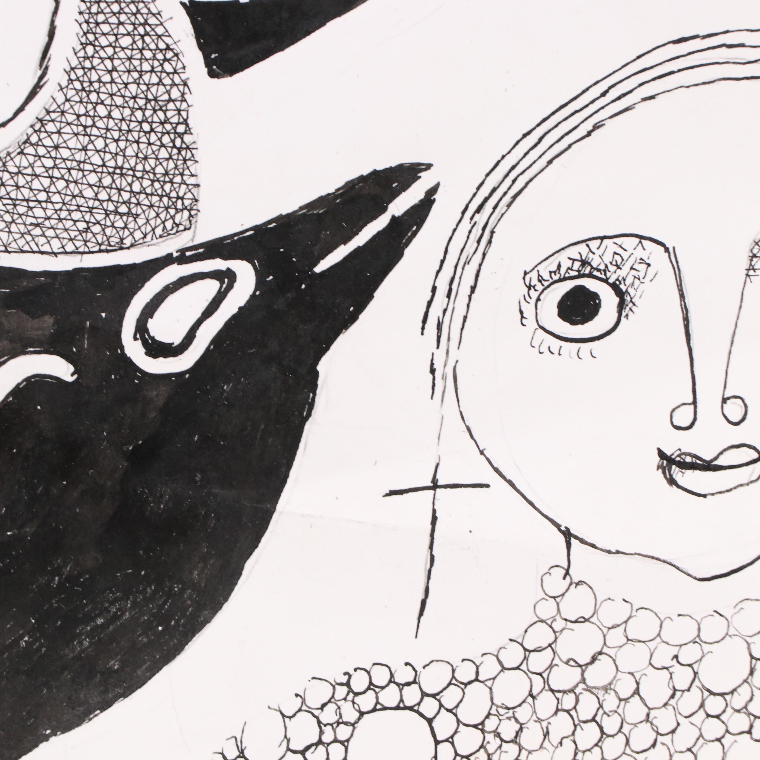 Nikolay "Kuk" Manuylov Figural Surrealist Pen and Ink Drawing, 2017