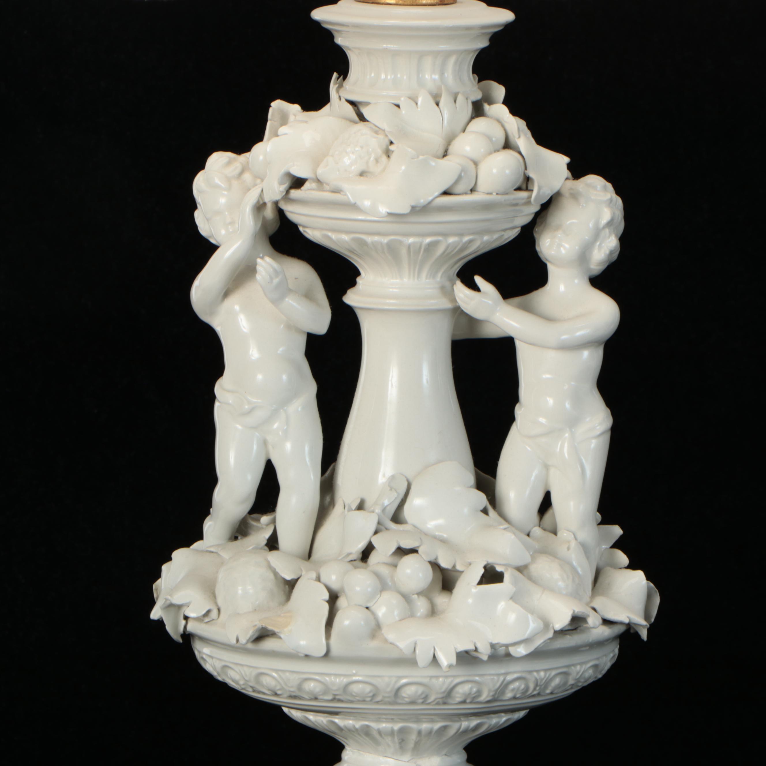 Blanc de Chine Porcelain Putti & Fruit Topiary Lamps, Scallop Bell Silk Shades