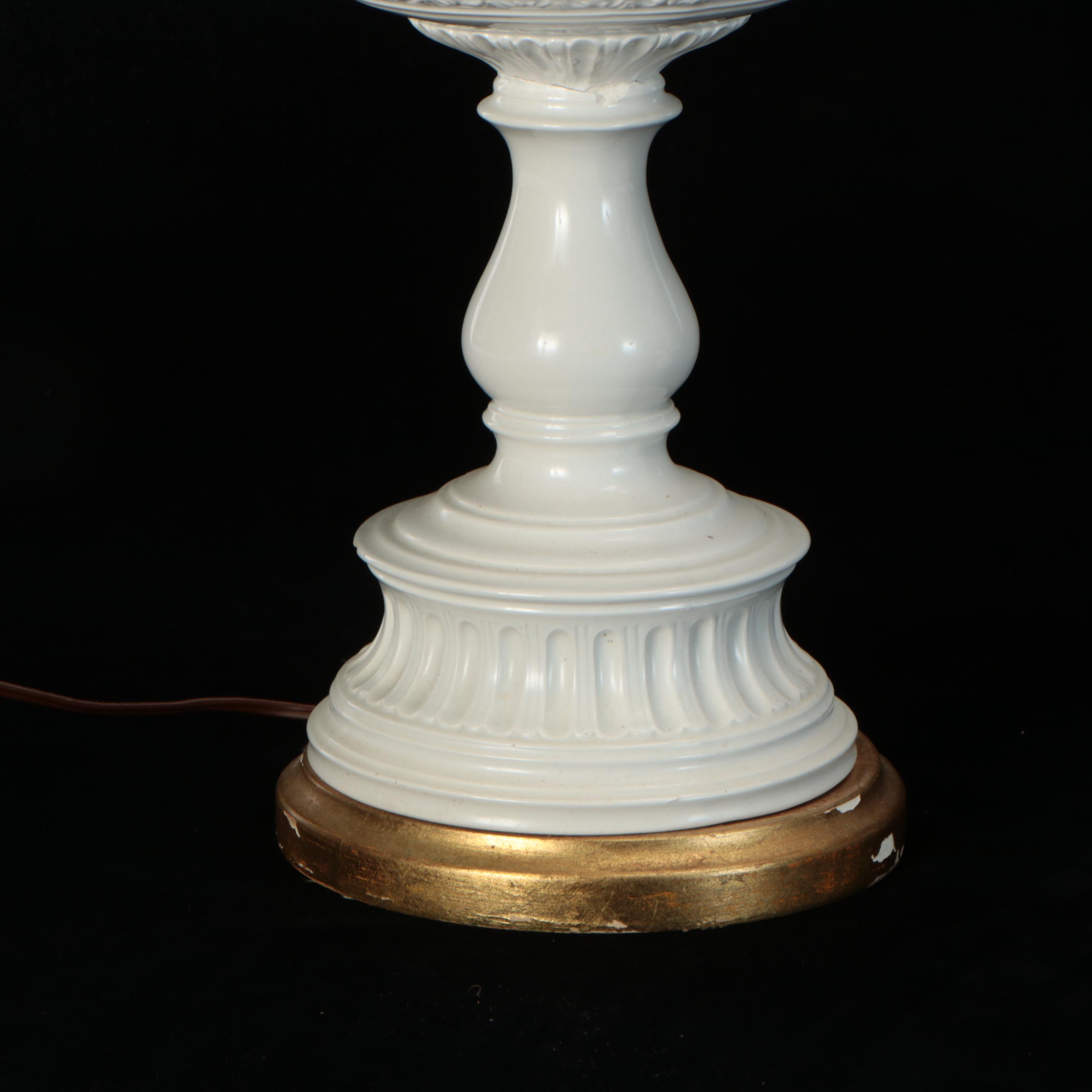 Blanc de Chine Porcelain Putti & Fruit Topiary Lamps, Scallop Bell Silk Shades