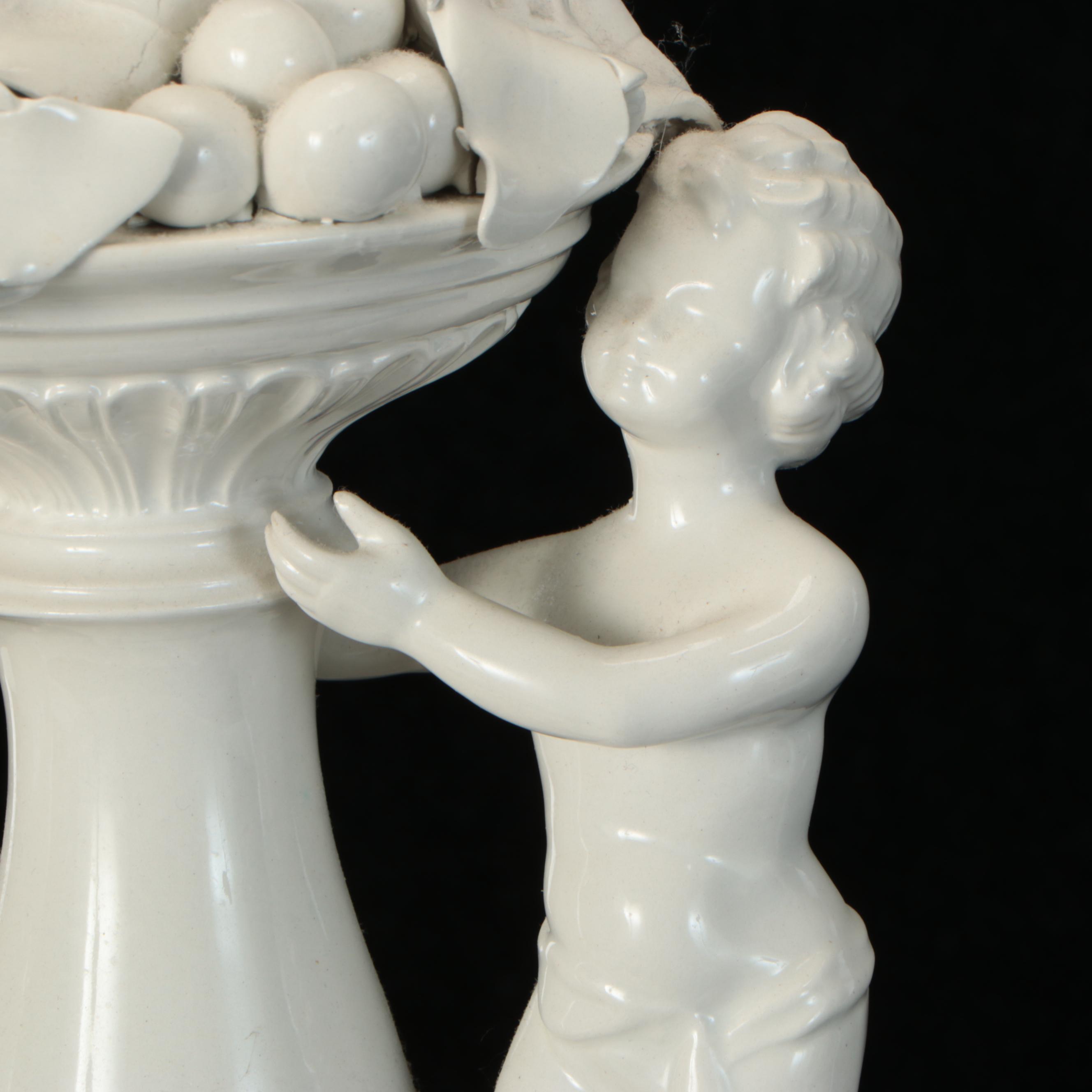 Blanc de Chine Porcelain Putti & Fruit Topiary Lamps, Scallop Bell Silk Shades