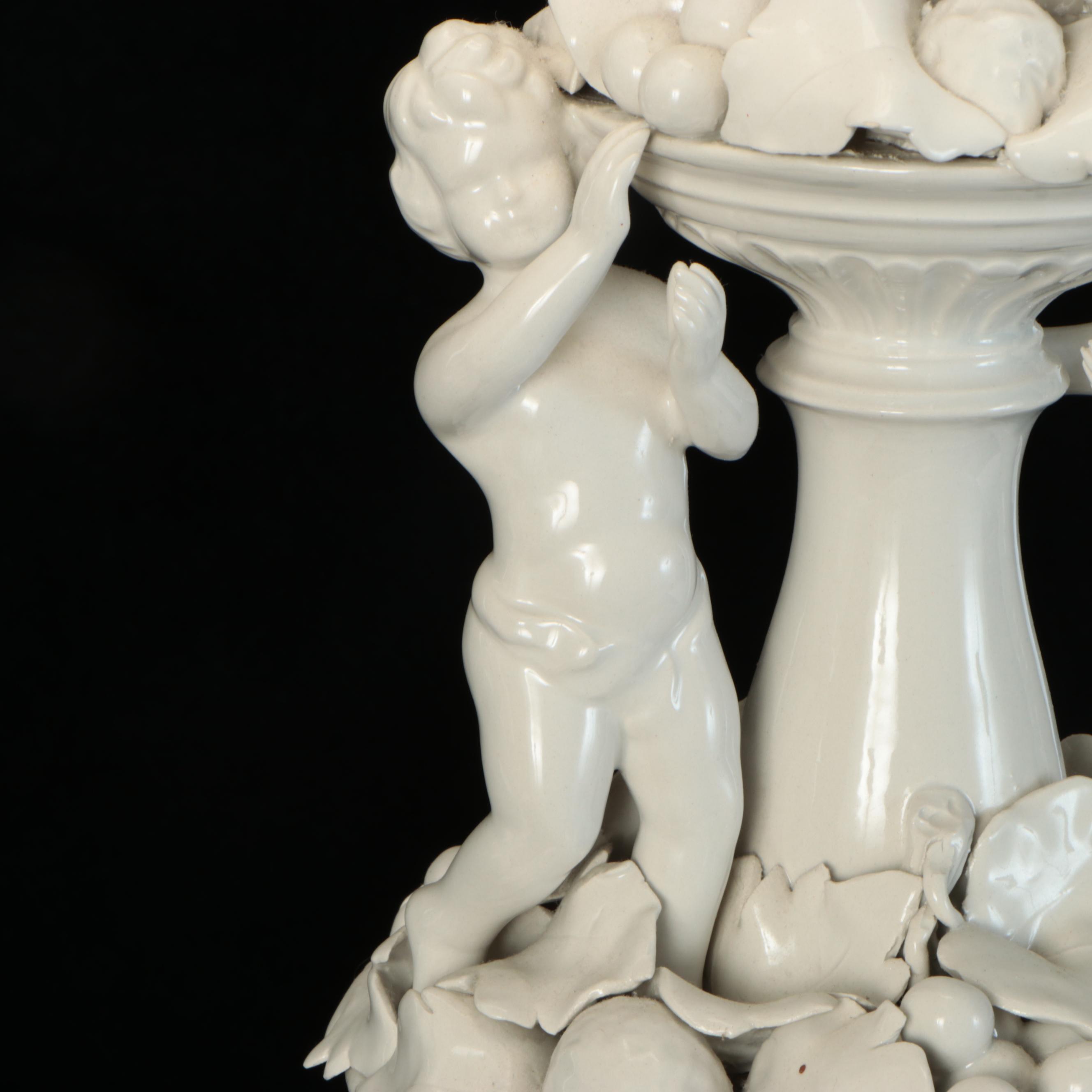 Blanc de Chine Porcelain Putti & Fruit Topiary Lamps, Scallop Bell Silk Shades