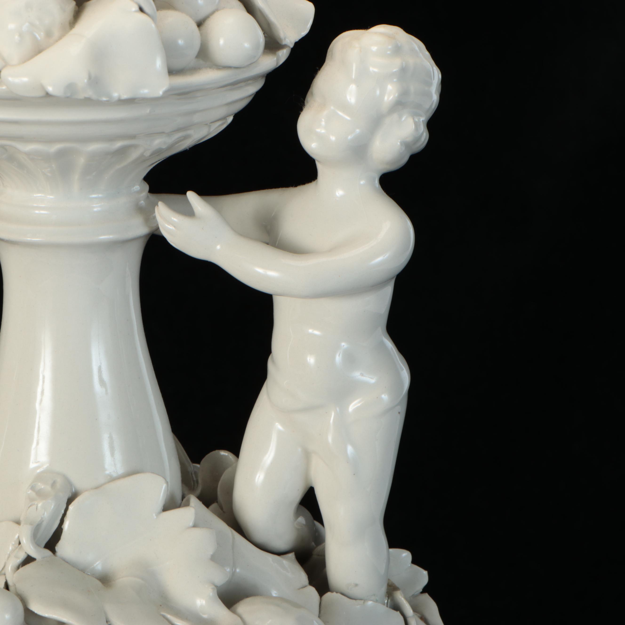 Blanc de Chine Porcelain Putti & Fruit Topiary Lamps, Scallop Bell Silk Shades