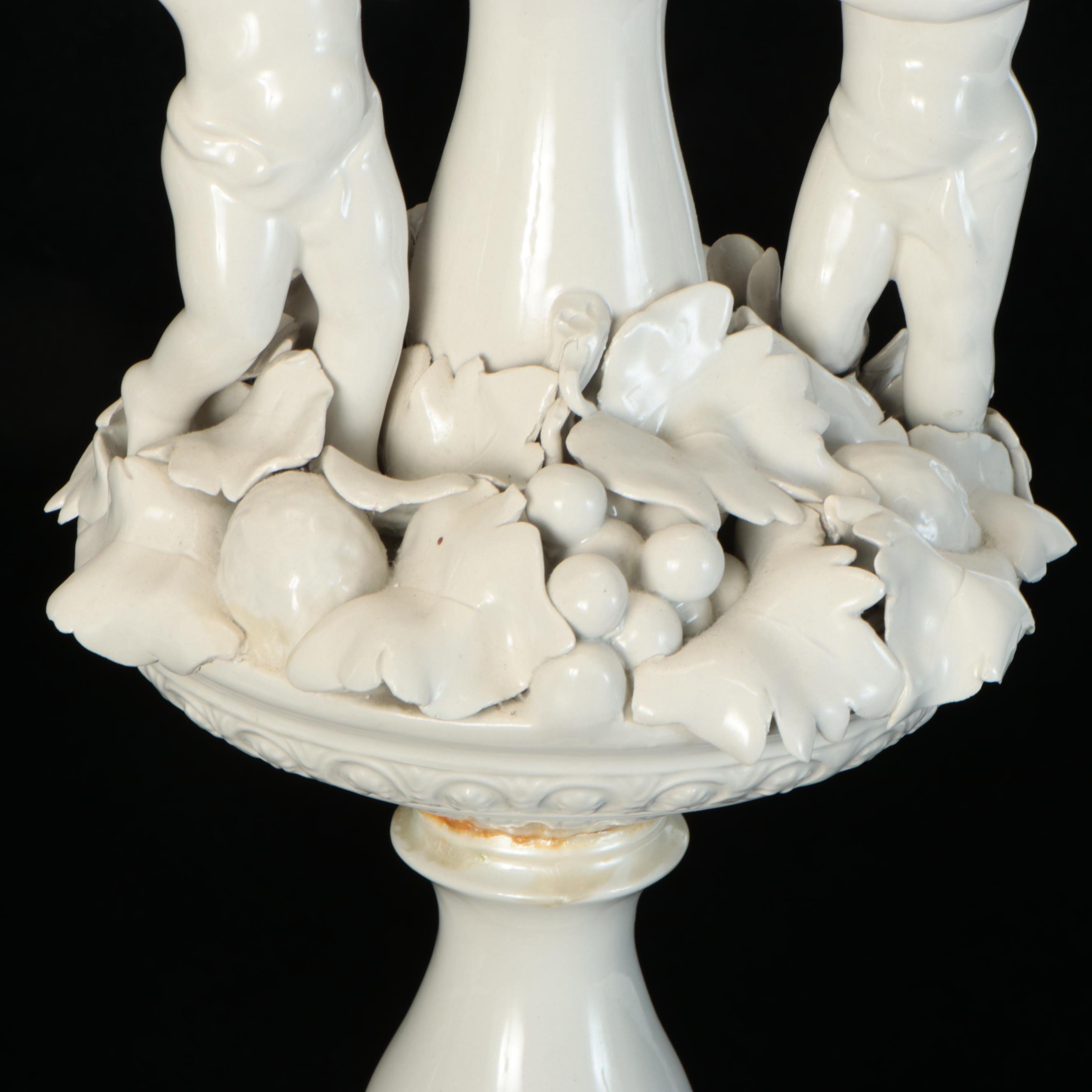 Blanc de Chine Porcelain Putti & Fruit Topiary Lamps, Scallop Bell Silk Shades