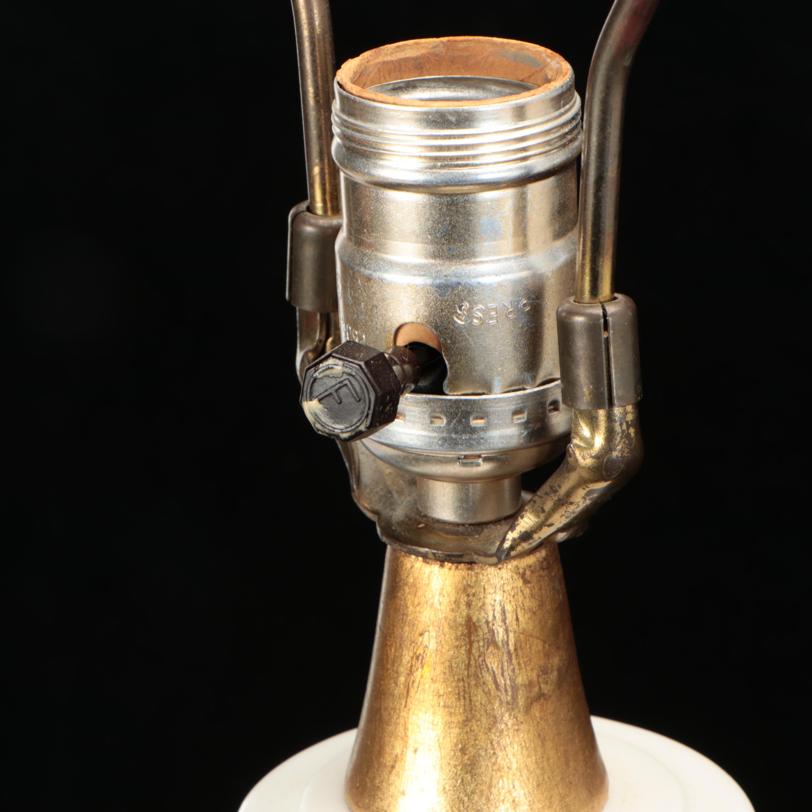 Blanc de Chine Porcelain Putti & Fruit Topiary Lamps, Scallop Bell Silk Shades