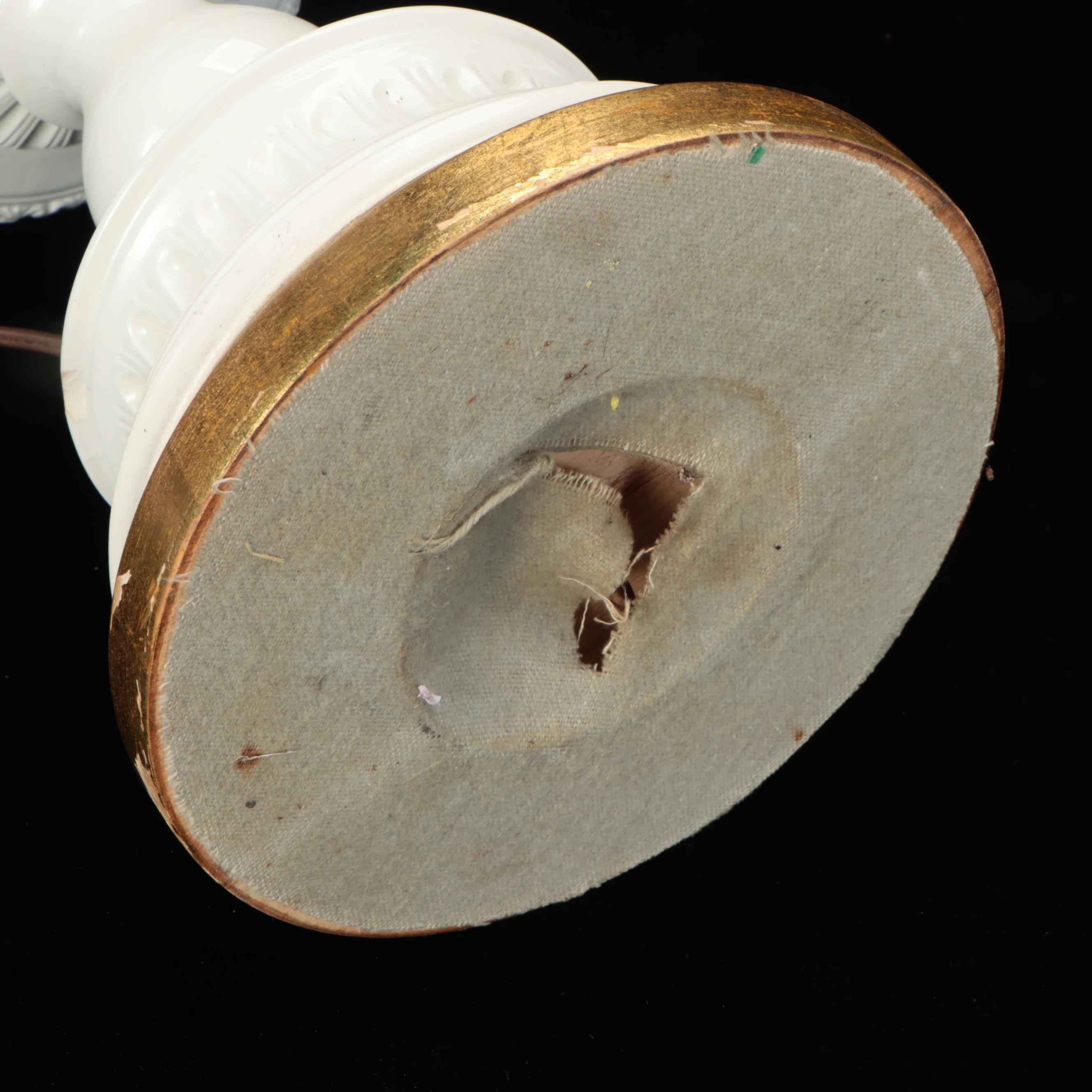 Blanc de Chine Porcelain Putti & Fruit Topiary Lamps, Scallop Bell Silk Shades