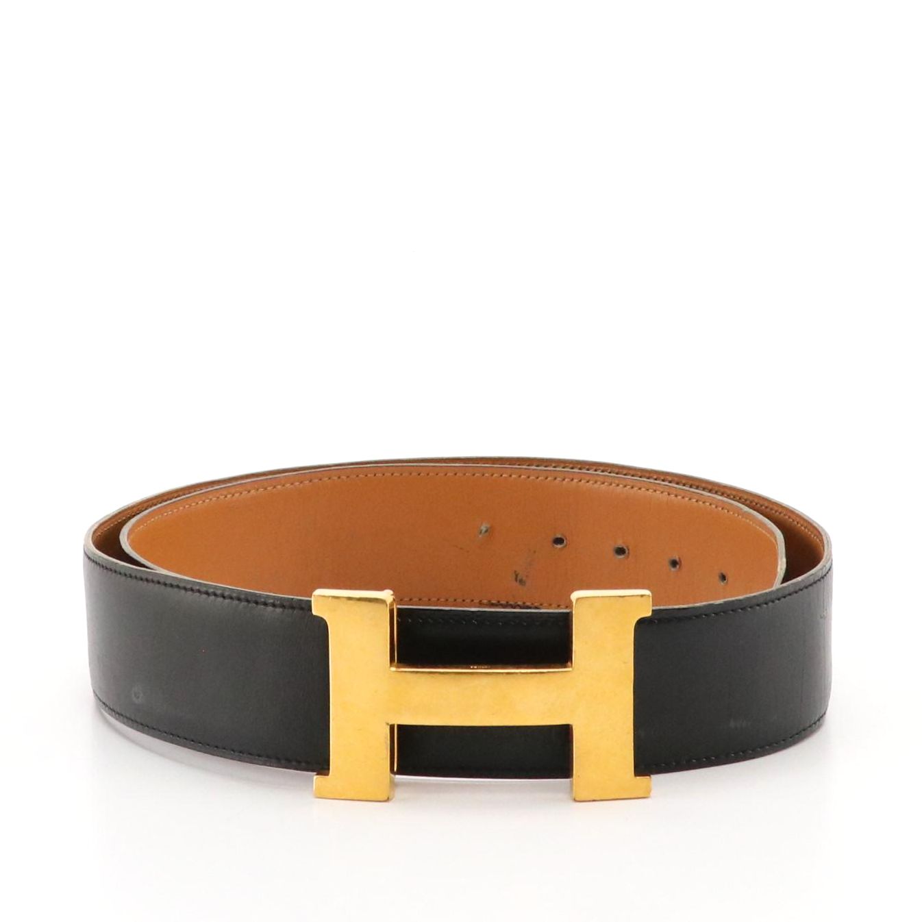 Hermès Gold Tone H Buckle Belt in Black Leather