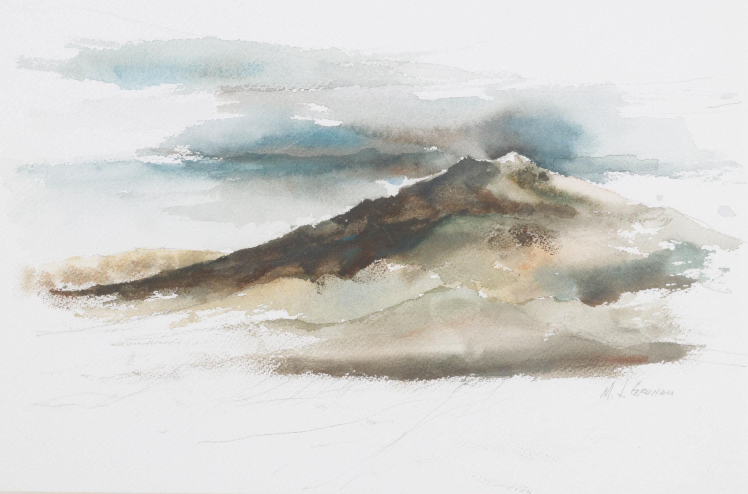 M.J. Grunau Abstract Watercolor Painting of Mountain Scene